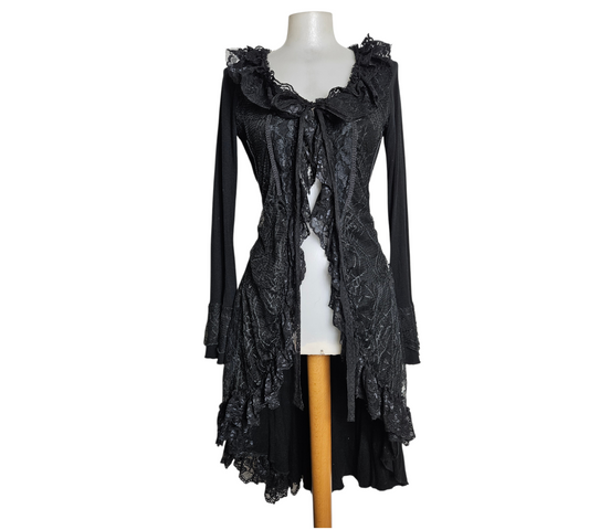 Black lace vintage dress with ruffled neckline, long sleeves and corset back, dark fairycore and whimsigoth aesthetic, romantic Y2K gothic vibe.