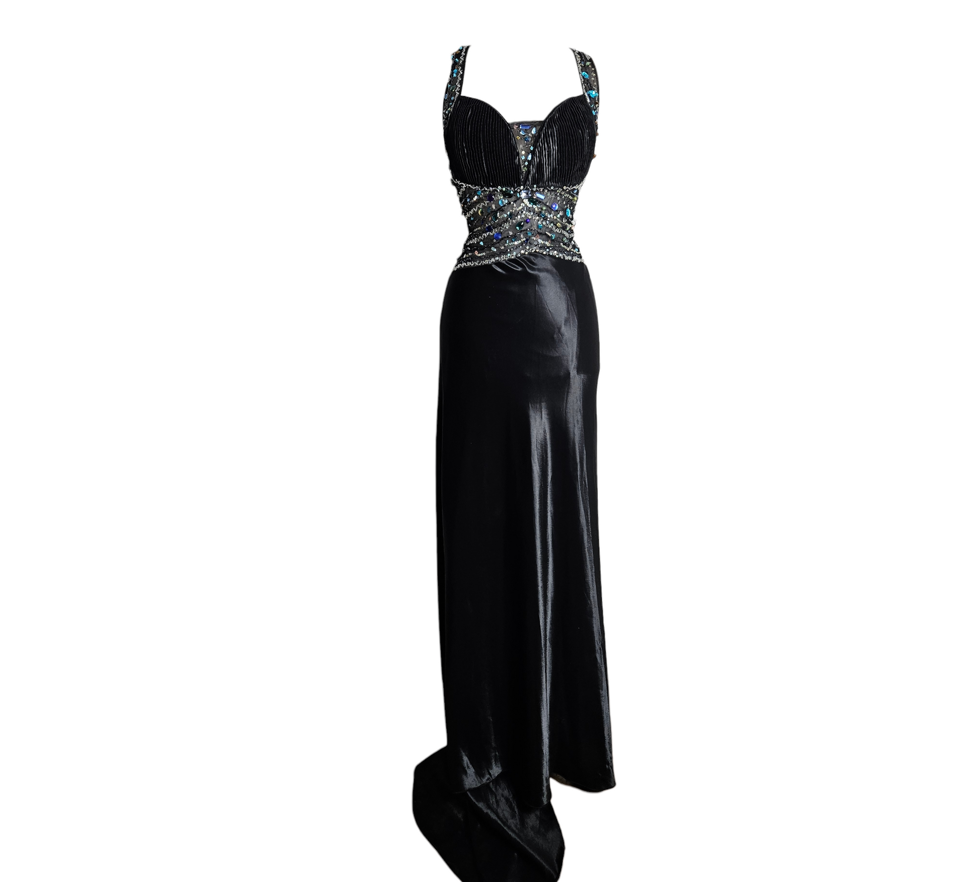 Vintage Y2K black backless evening gown with crossed straps and blue iridescent sequin embellished bodice, glamorous fairycore dress by Lucid Dream 2007