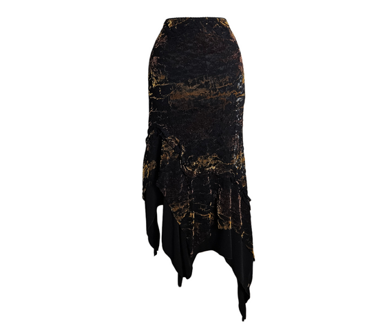 Vintage asymmetrical long skirt with dark abstract pattern in black, brown and copper tones, gothic fairycore aesthetic.