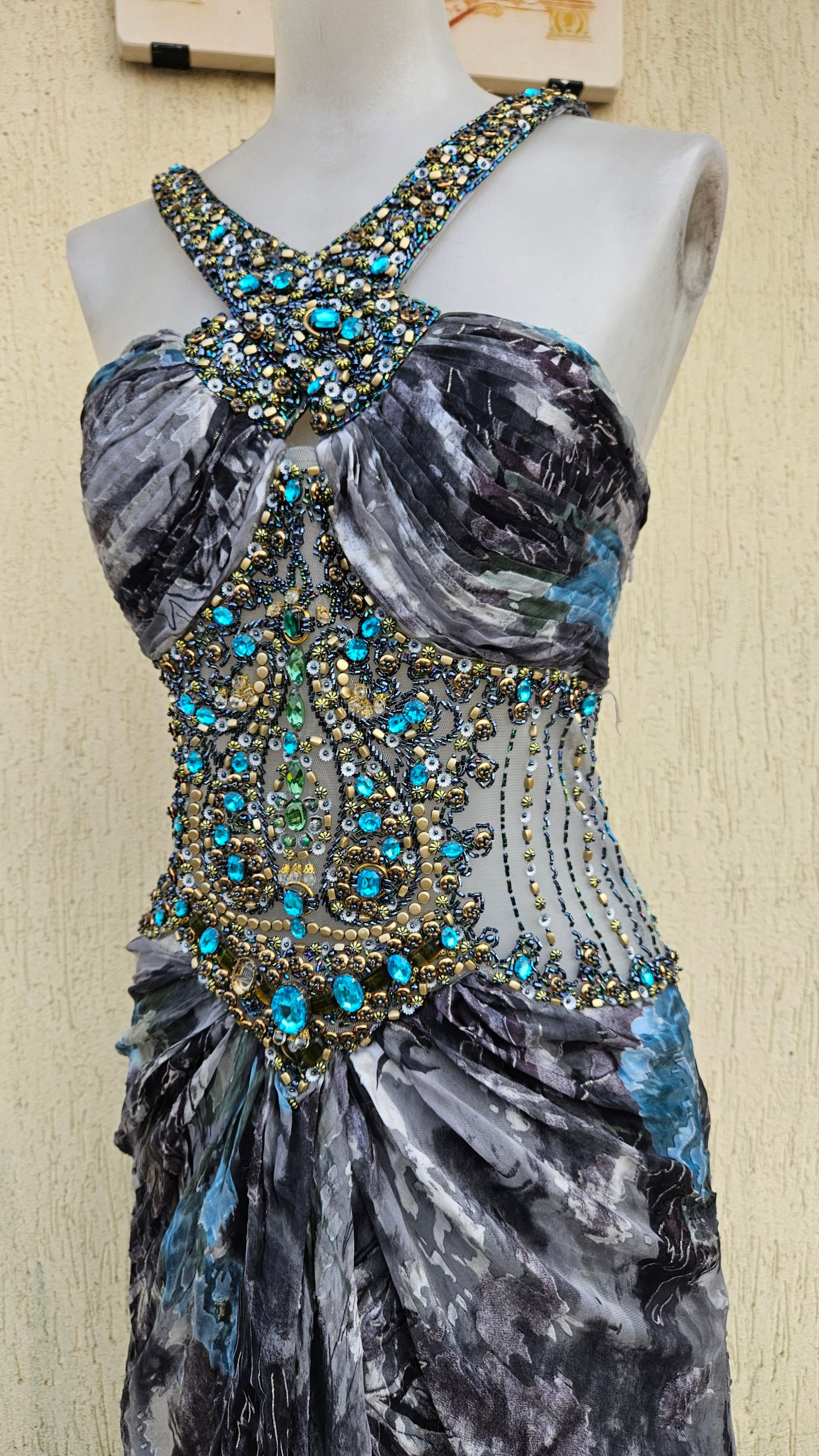 Embroidered silk dress in shades of blue and grey