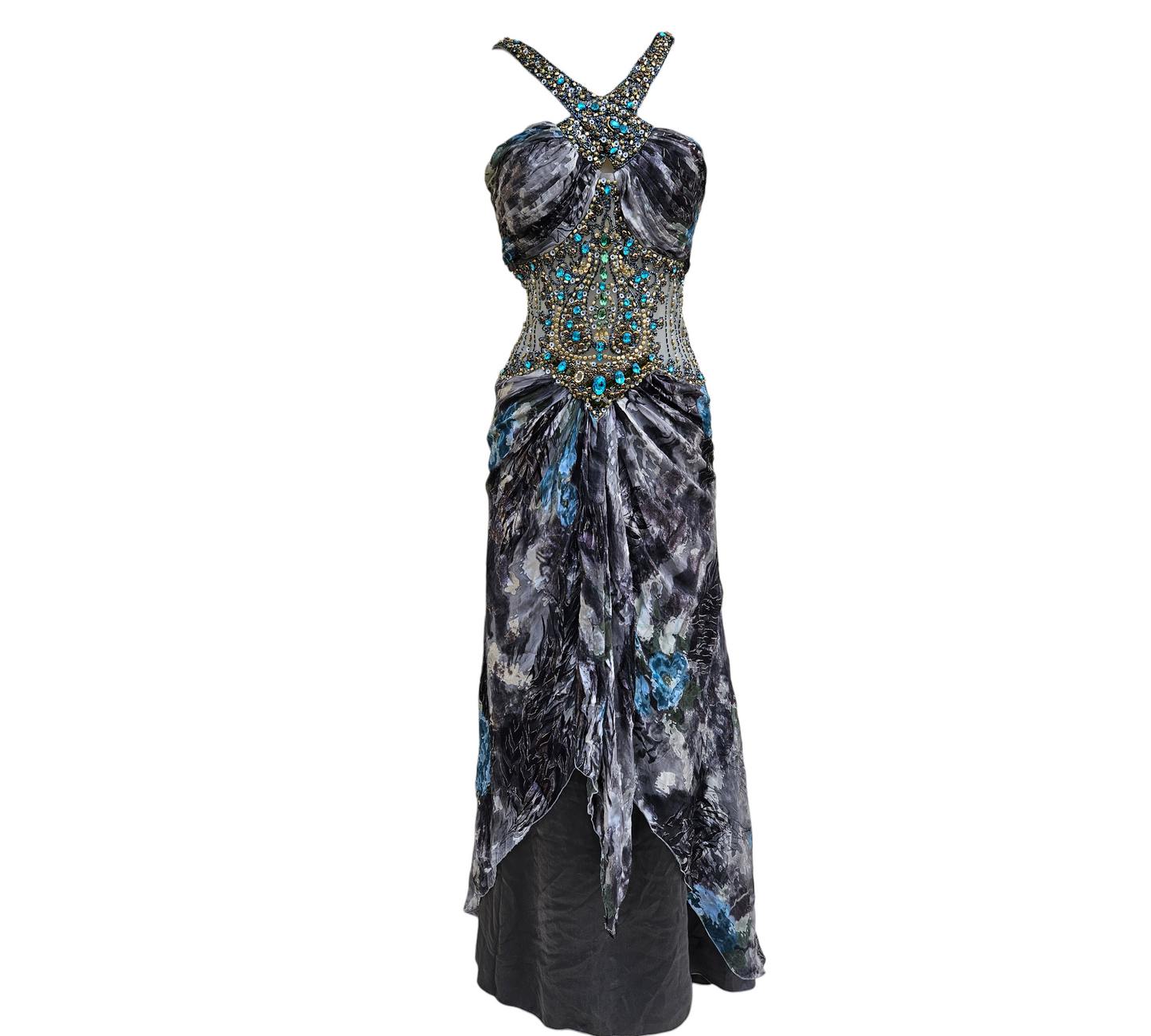 Vintage embellished silk evening dress with beaded straps and abstract print, elegant Y2K glam with a mystical fairycore and reverie vibe.
