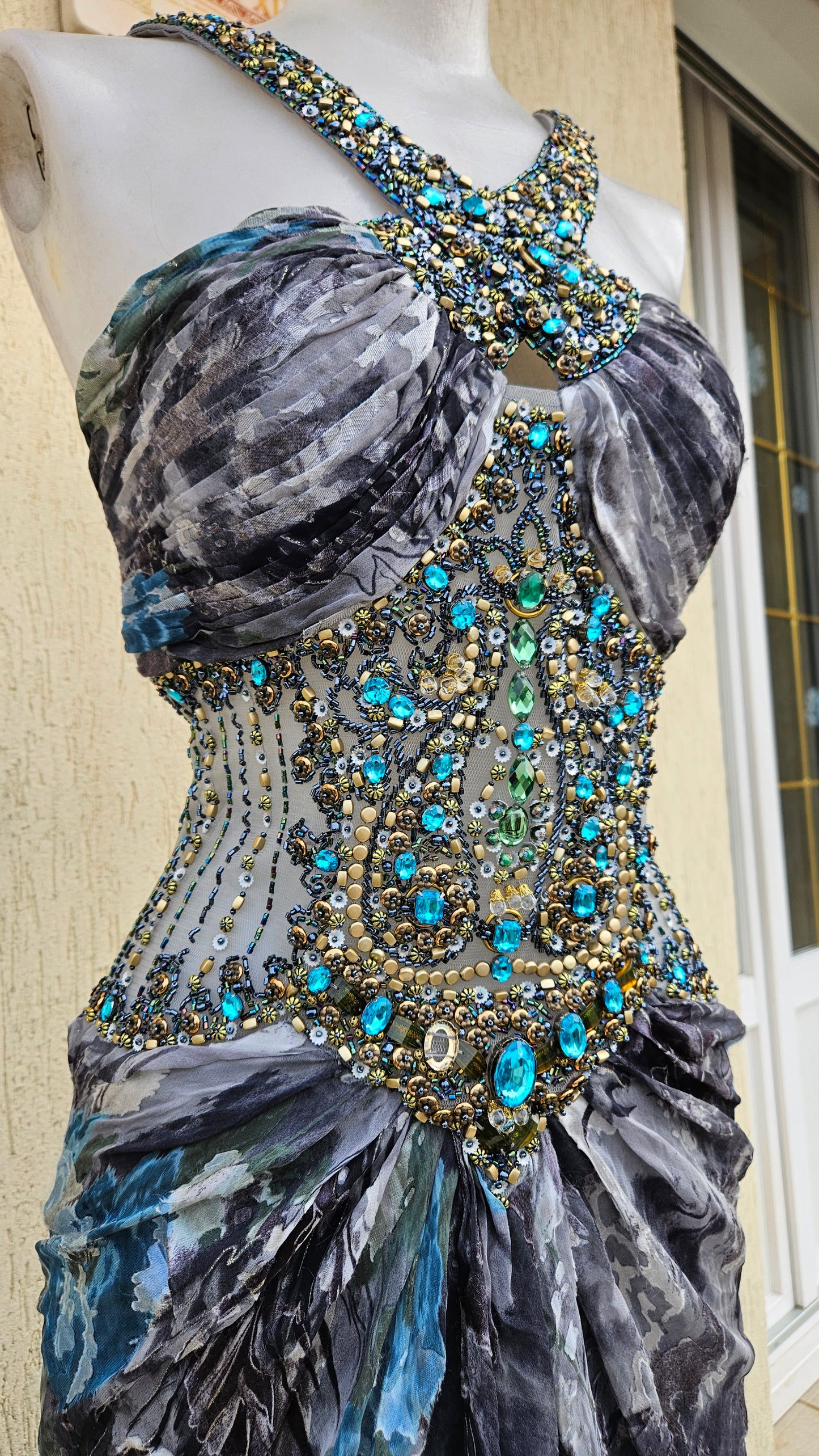 Embroidered silk dress in shades of blue and grey