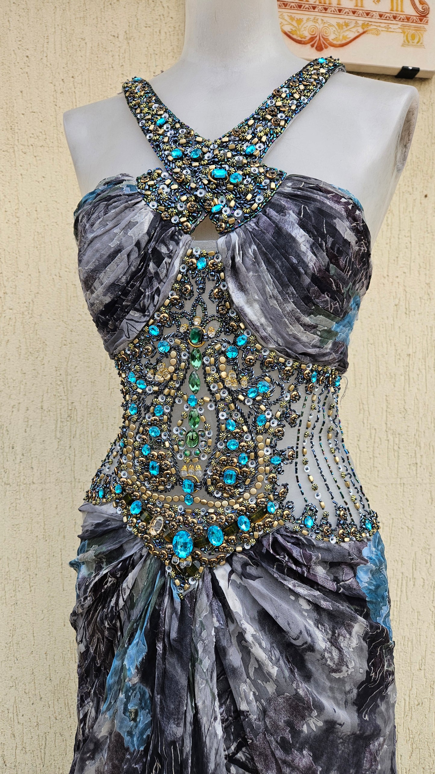 Embroidered silk dress in shades of blue and grey