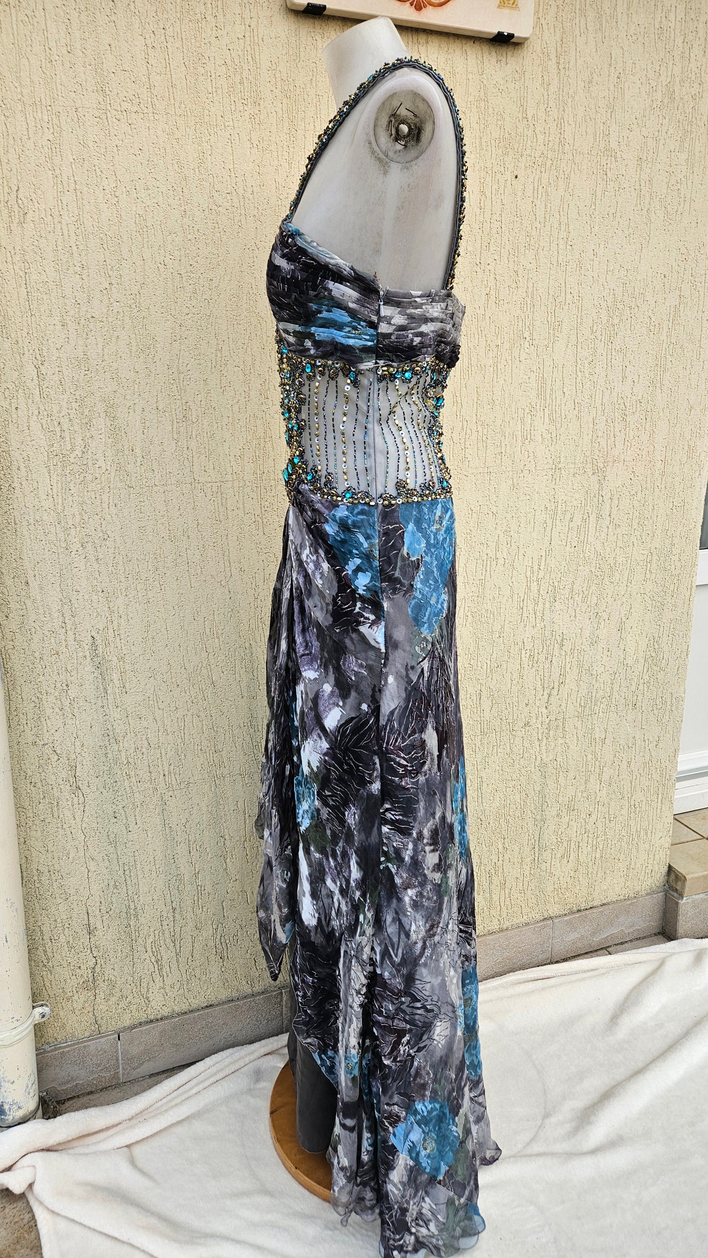 Embroidered silk dress in shades of blue and grey