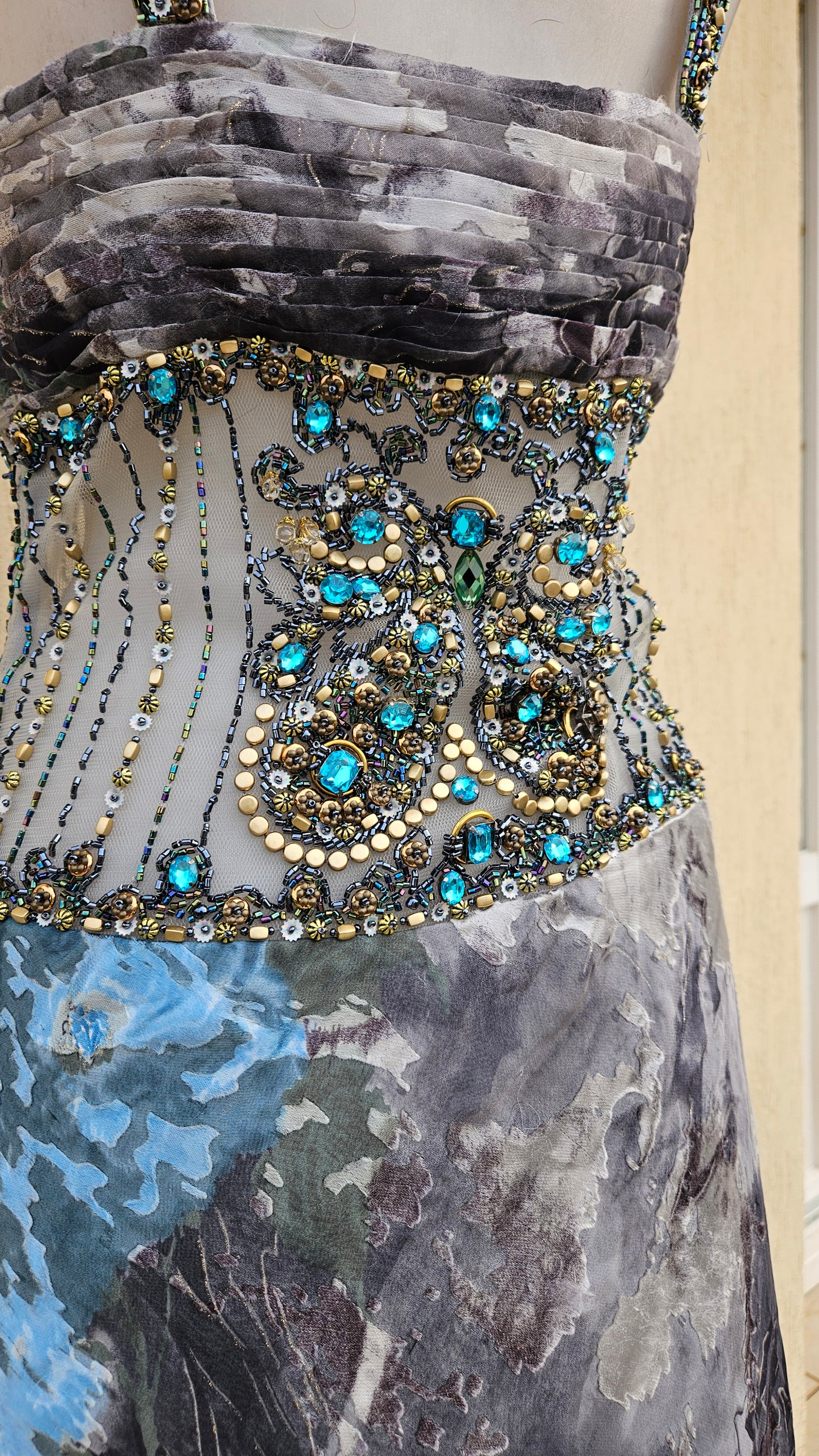 Embroidered silk dress in shades of blue and grey