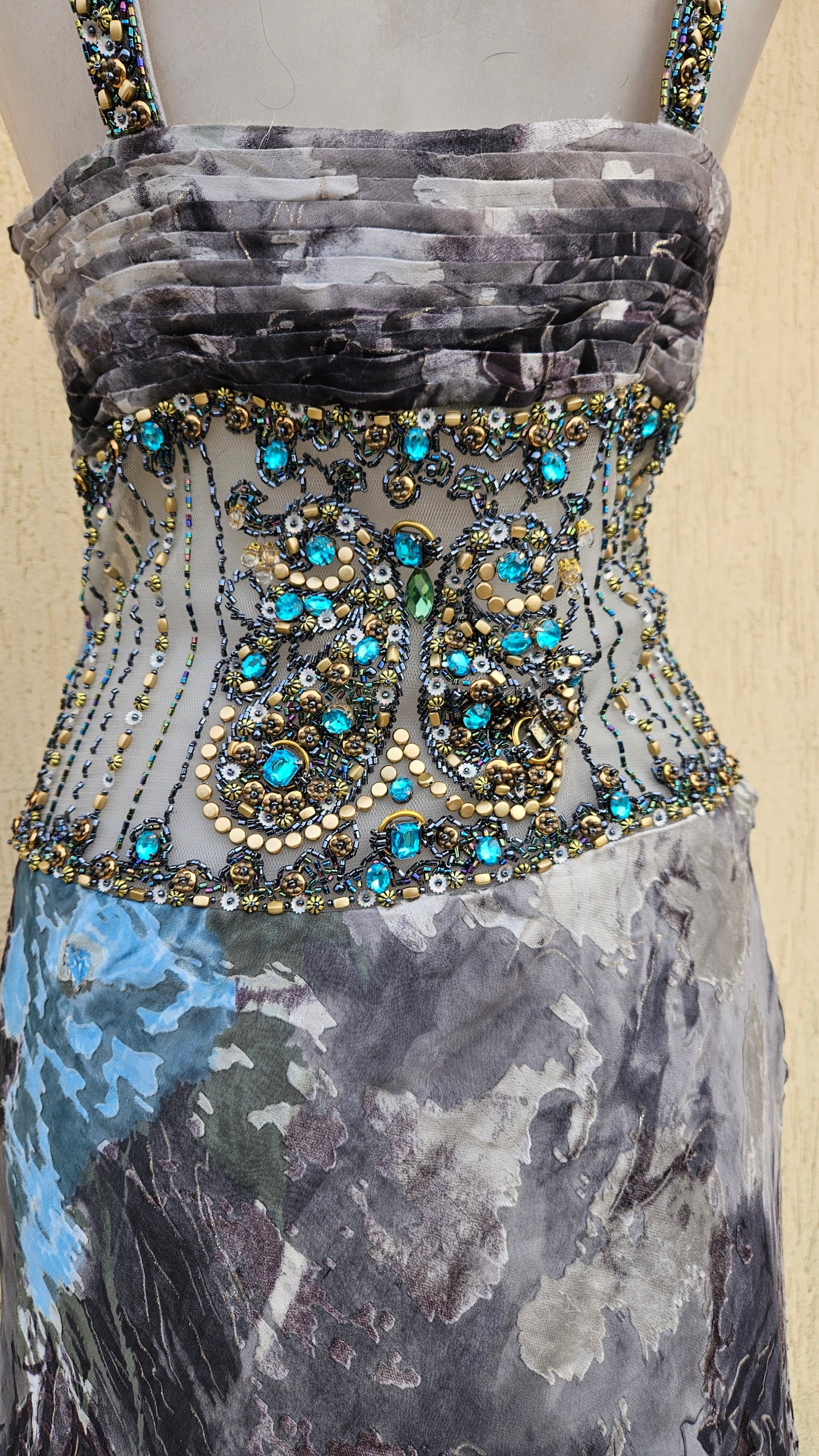 Embroidered silk dress in shades of blue and grey