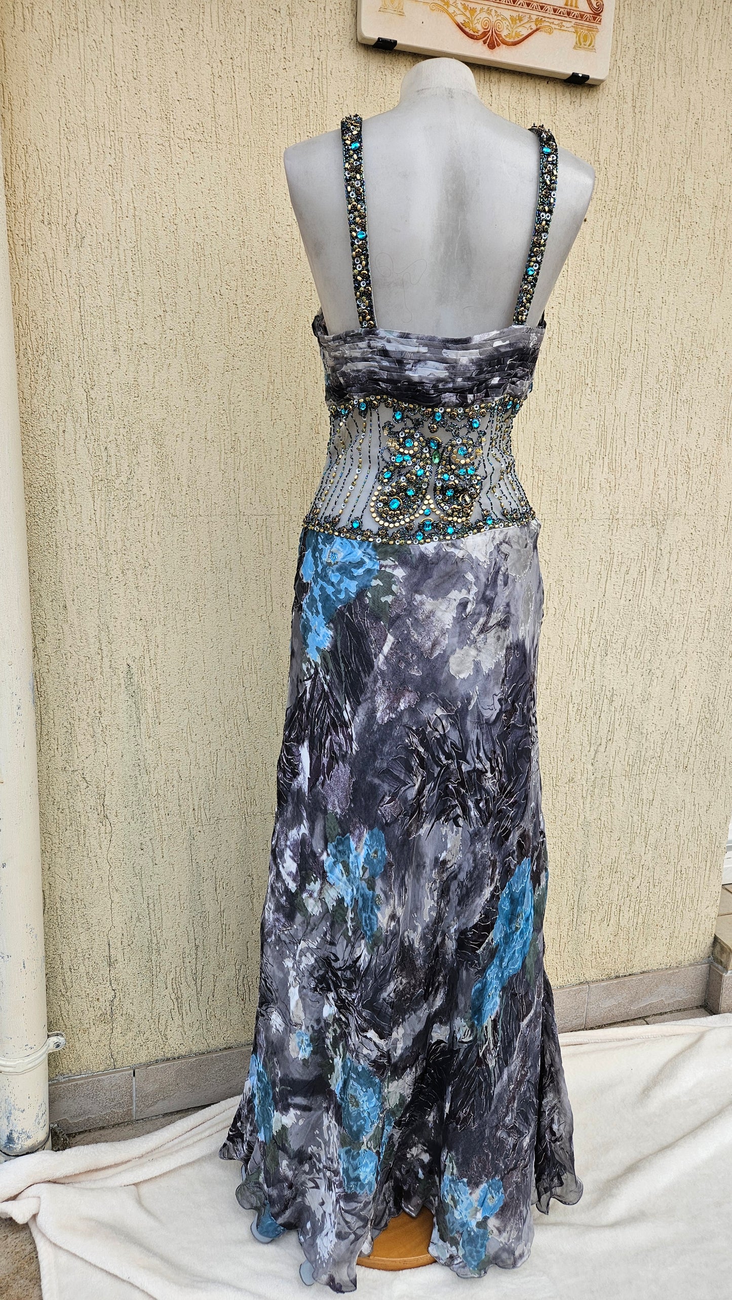 Embroidered silk dress in shades of blue and grey