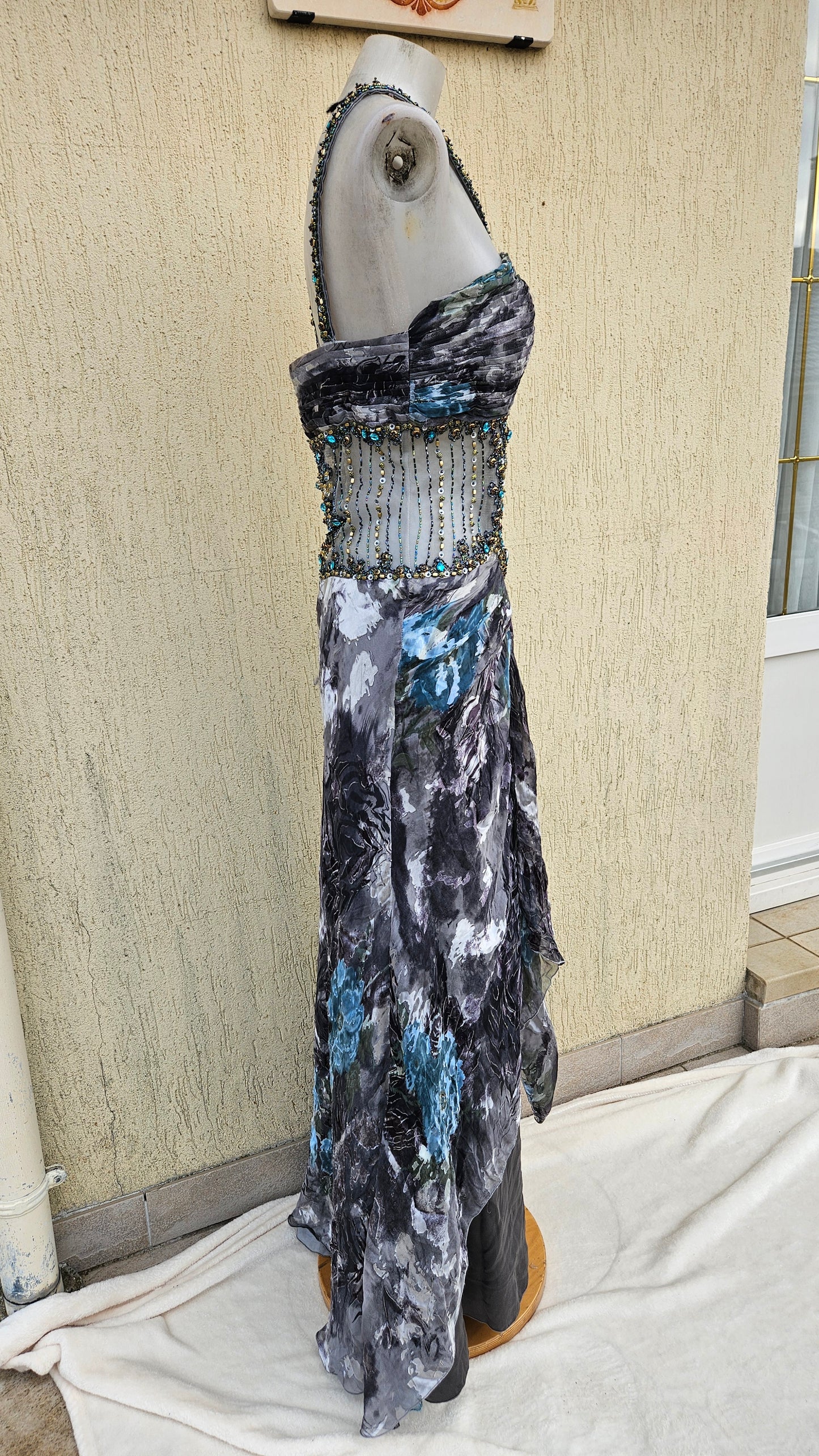 Embroidered silk dress in shades of blue and grey