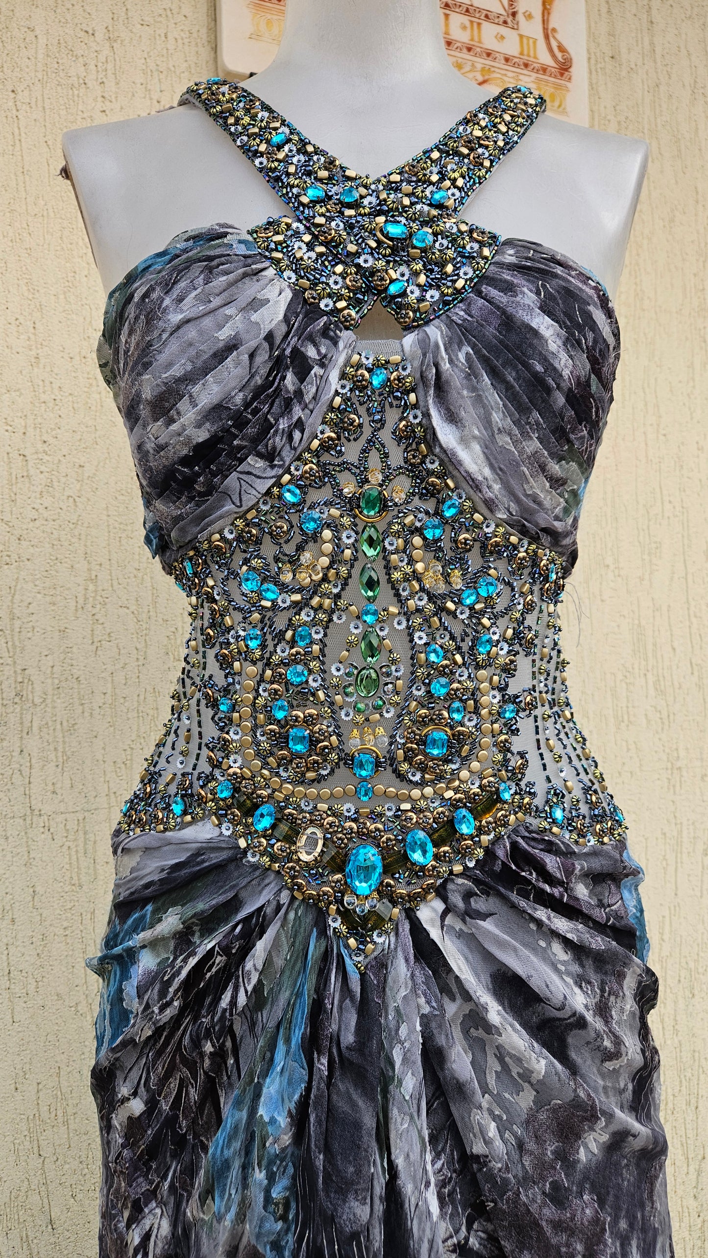 Embroidered silk dress in shades of blue and grey