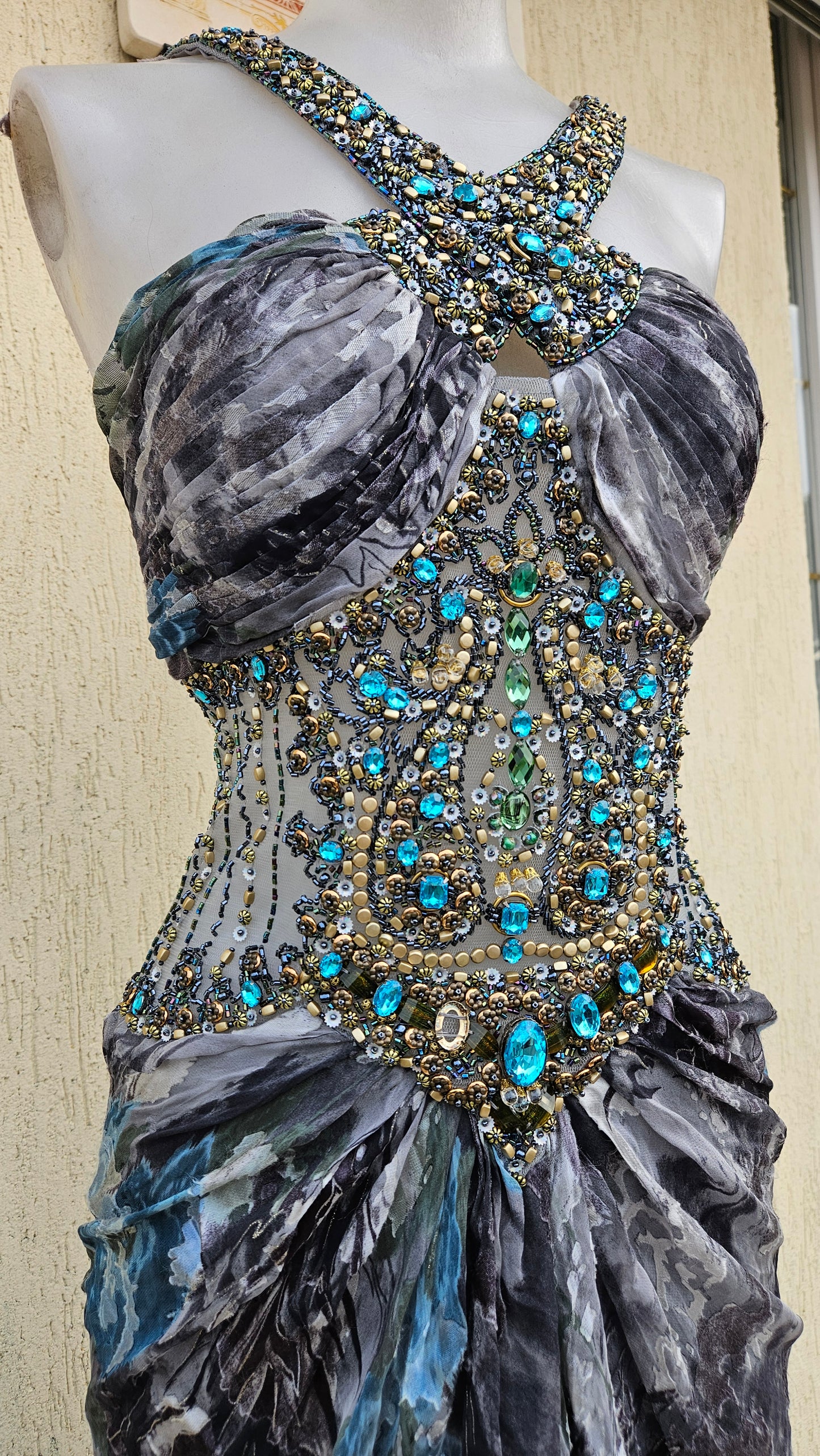 Embroidered silk dress in shades of blue and grey