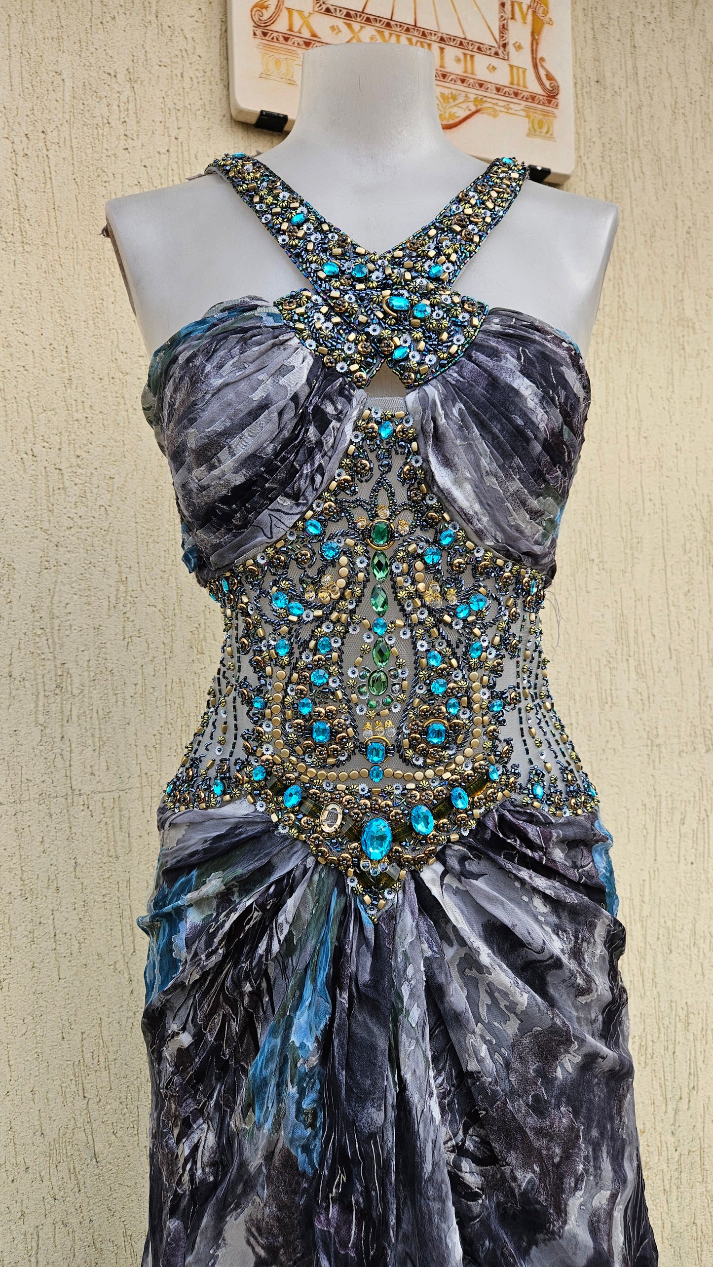 Embroidered silk dress in shades of blue and grey