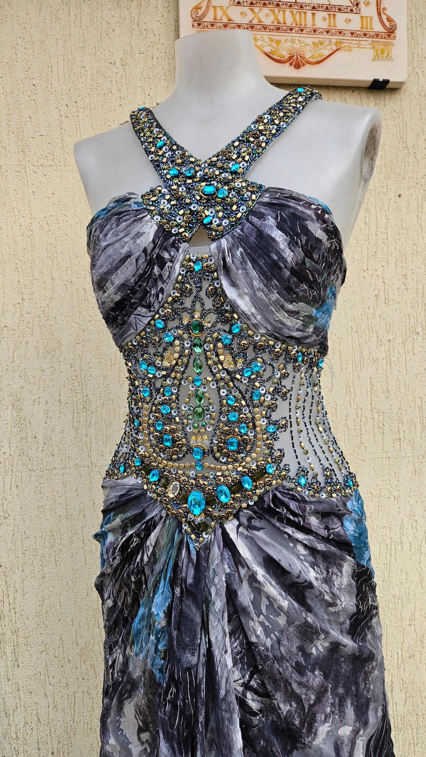 Embroidered silk dress in shades of blue and grey