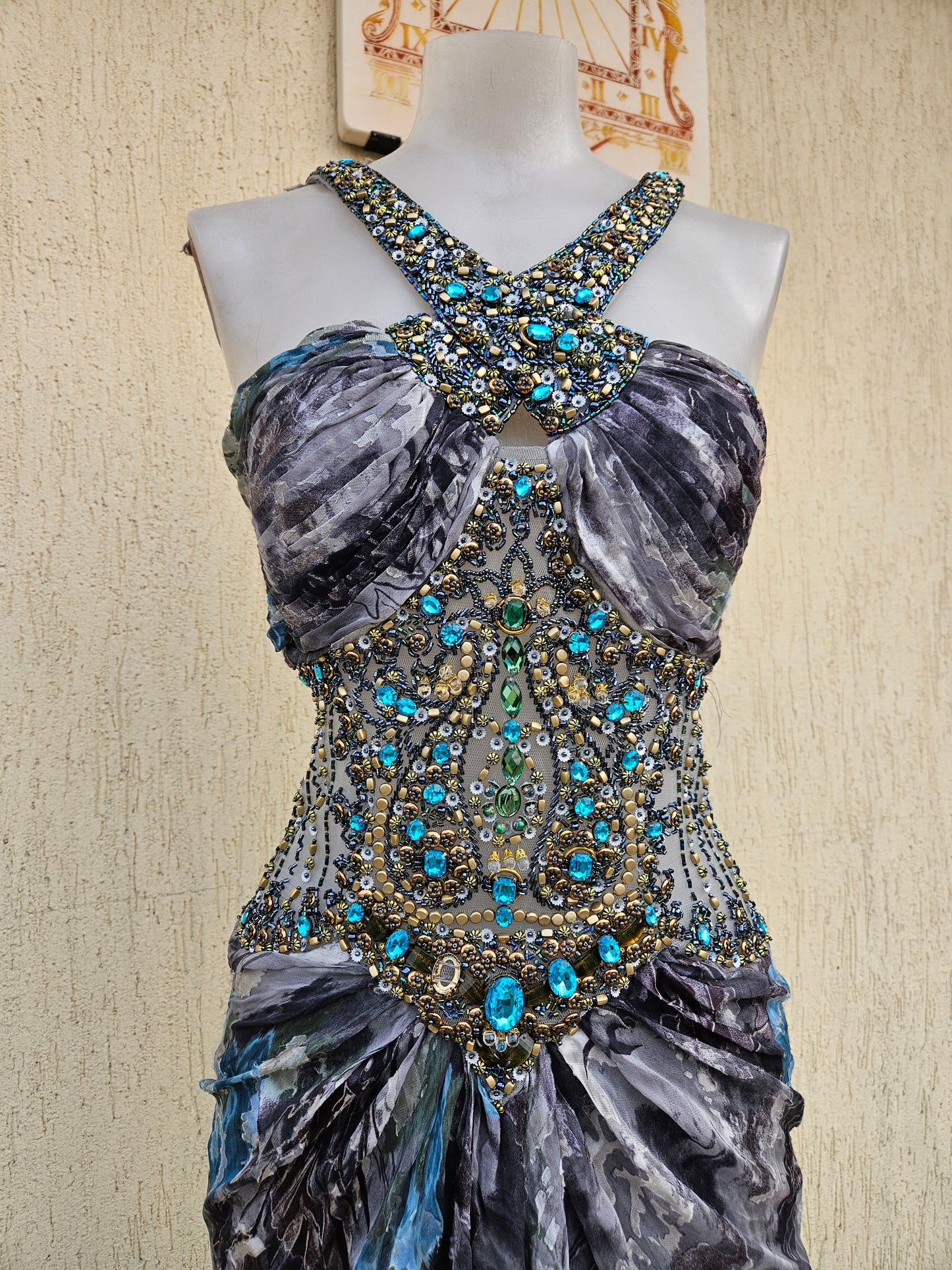 Embroidered silk dress in shades of blue and grey