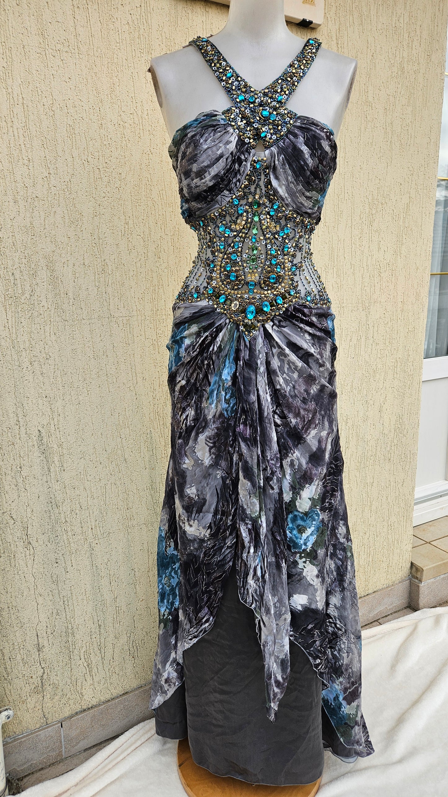Embroidered silk dress in shades of blue and grey