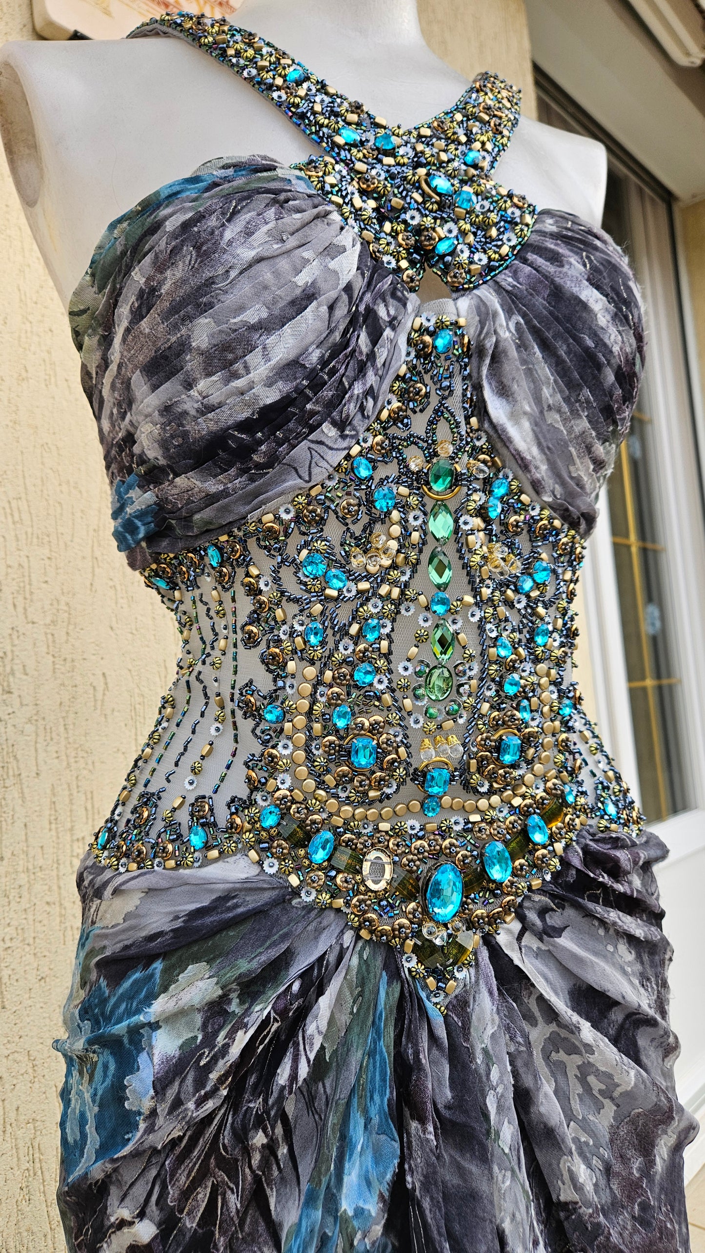 Embroidered silk dress in shades of blue and grey