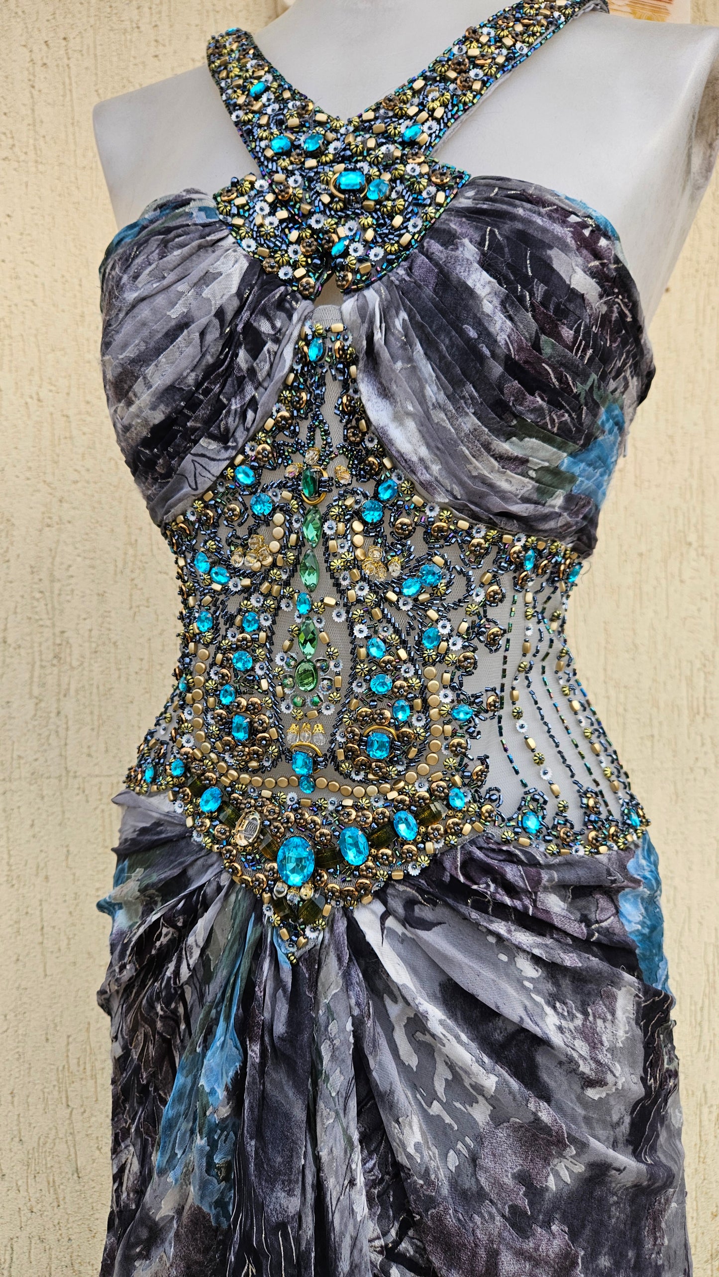 Embroidered silk dress in shades of blue and grey