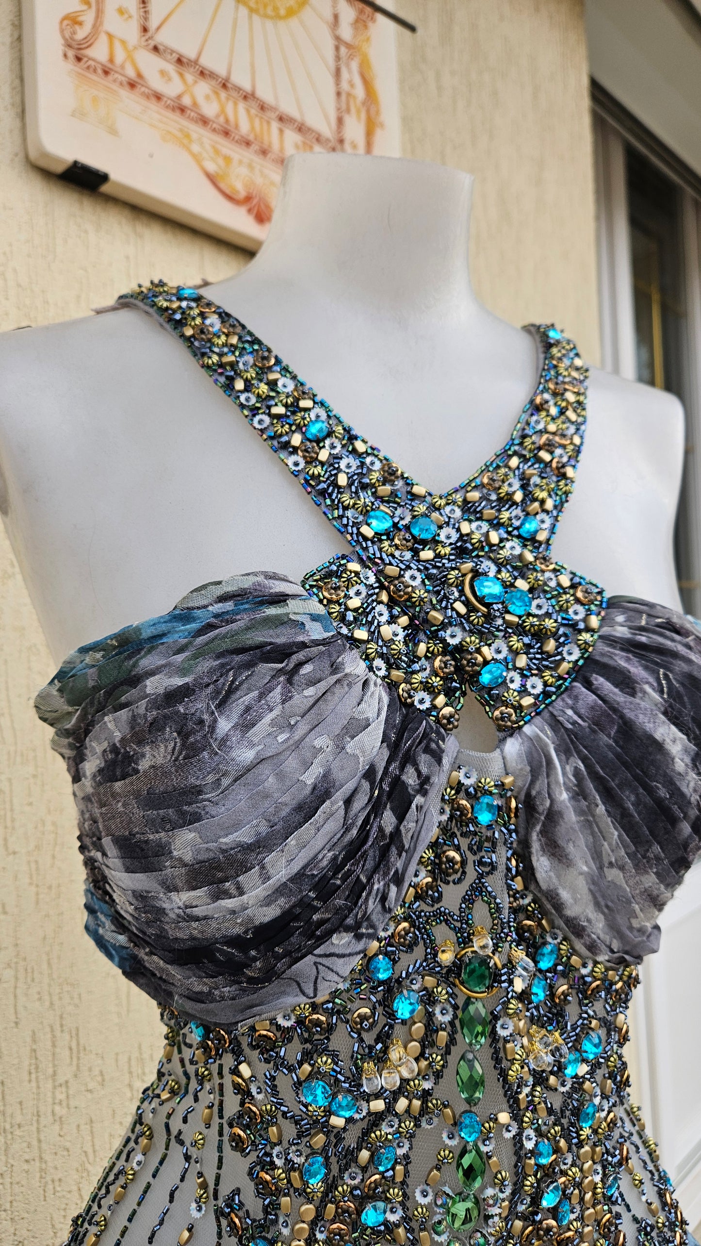 Embroidered silk dress in shades of blue and grey