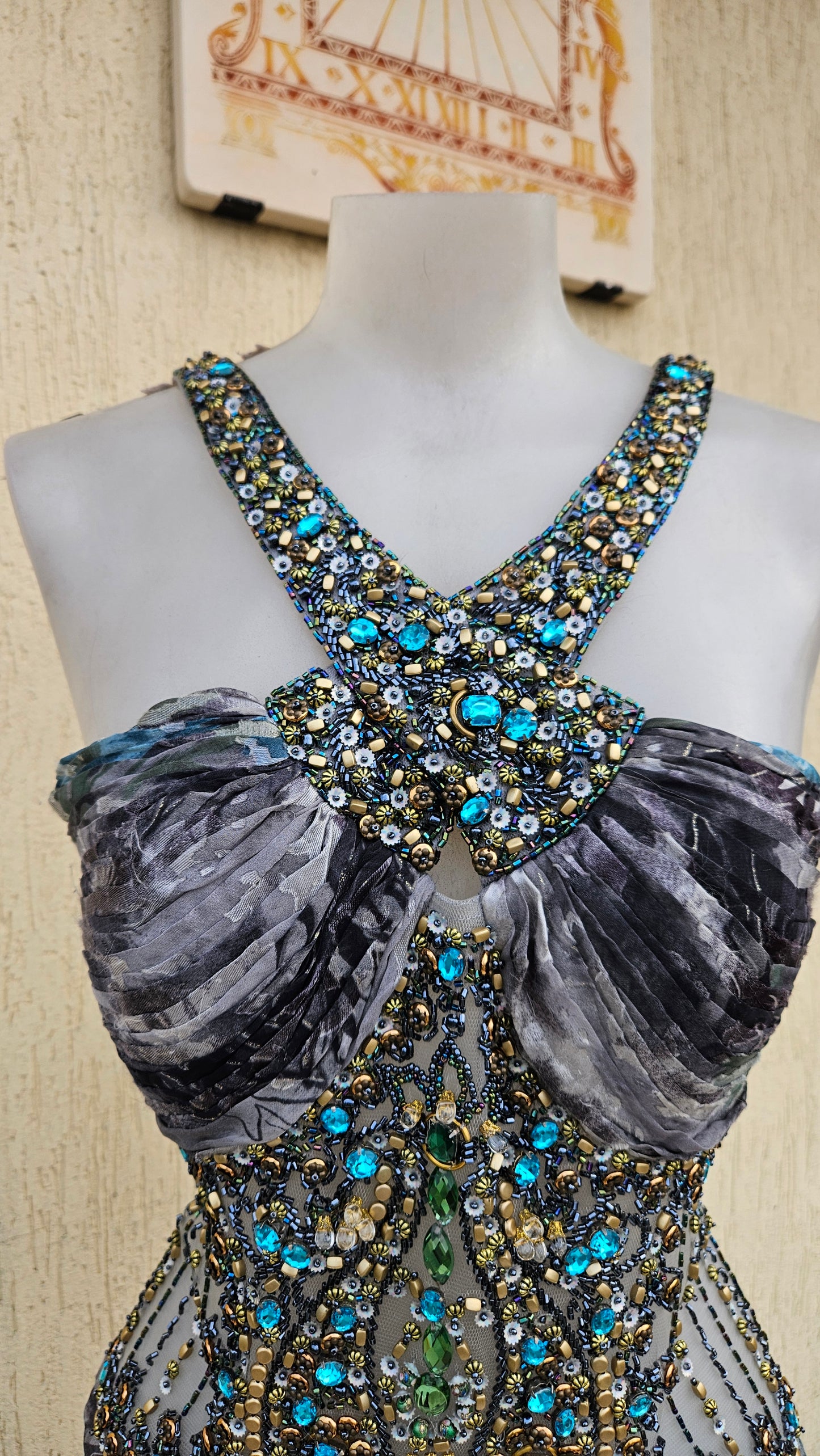 Embroidered silk dress in shades of blue and grey