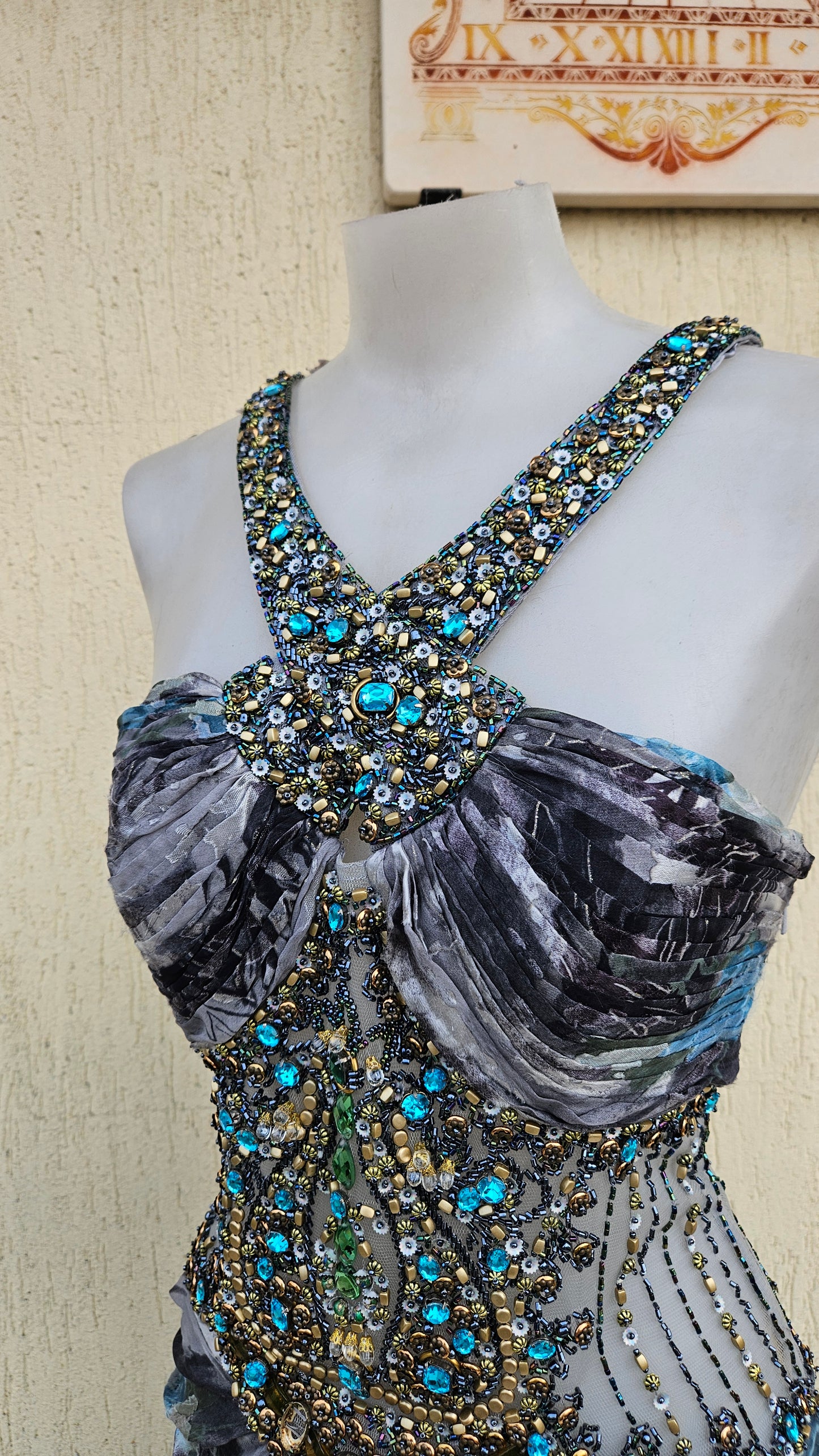 Embroidered silk dress in shades of blue and grey