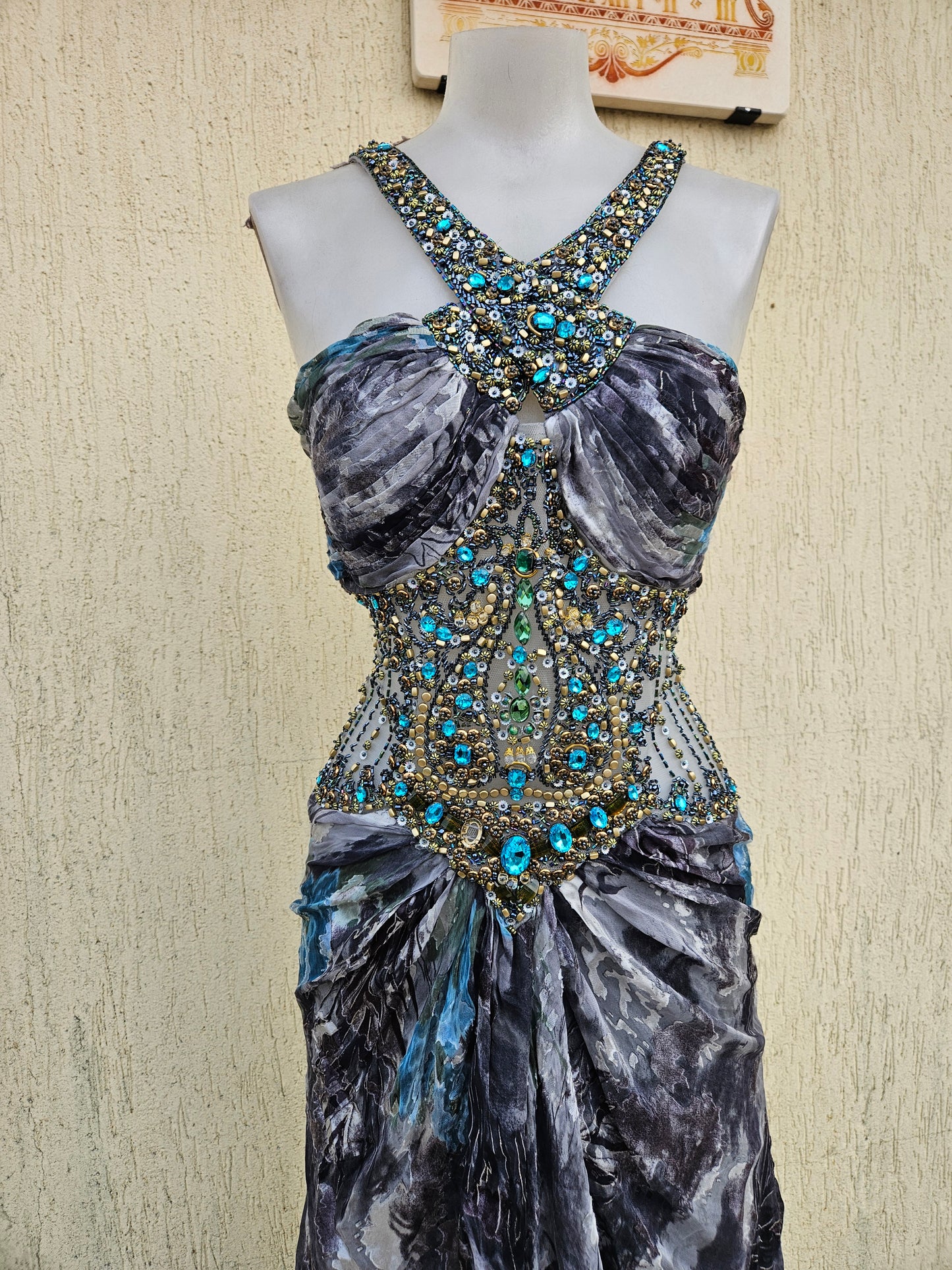 Embroidered silk dress in shades of blue and grey