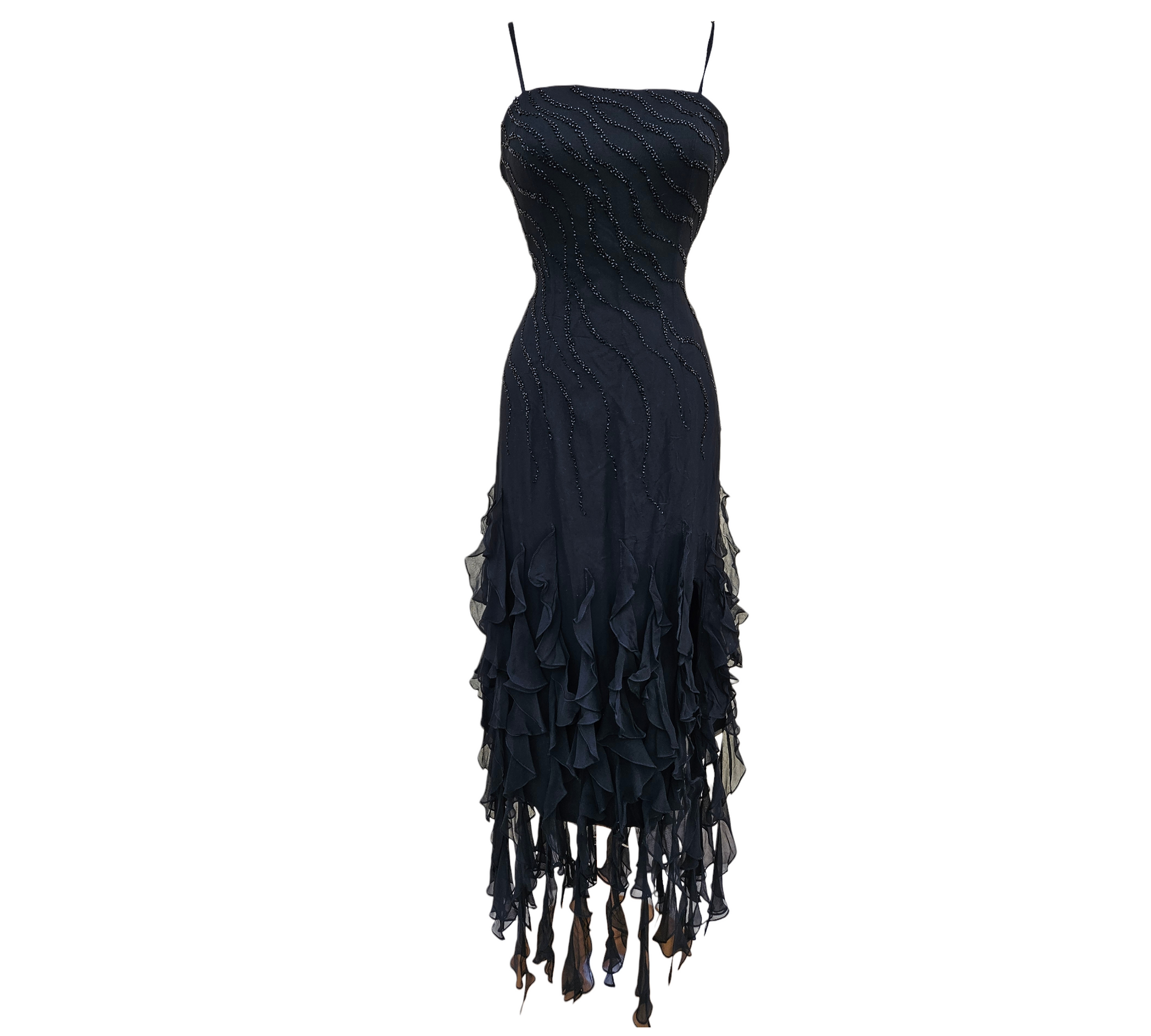 Vintage black silk beaded evening dress with flowing ruffled hem, delicate straps and elegant Y2K fairycore and dark whimsigoth aesthetic.