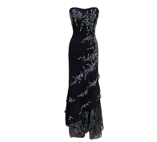 Vintage black strapless silk gown with silver floral embroidery and beaded sparkle, lace hem and corset back, y2k goth fairycore by Lucid Dream 2007