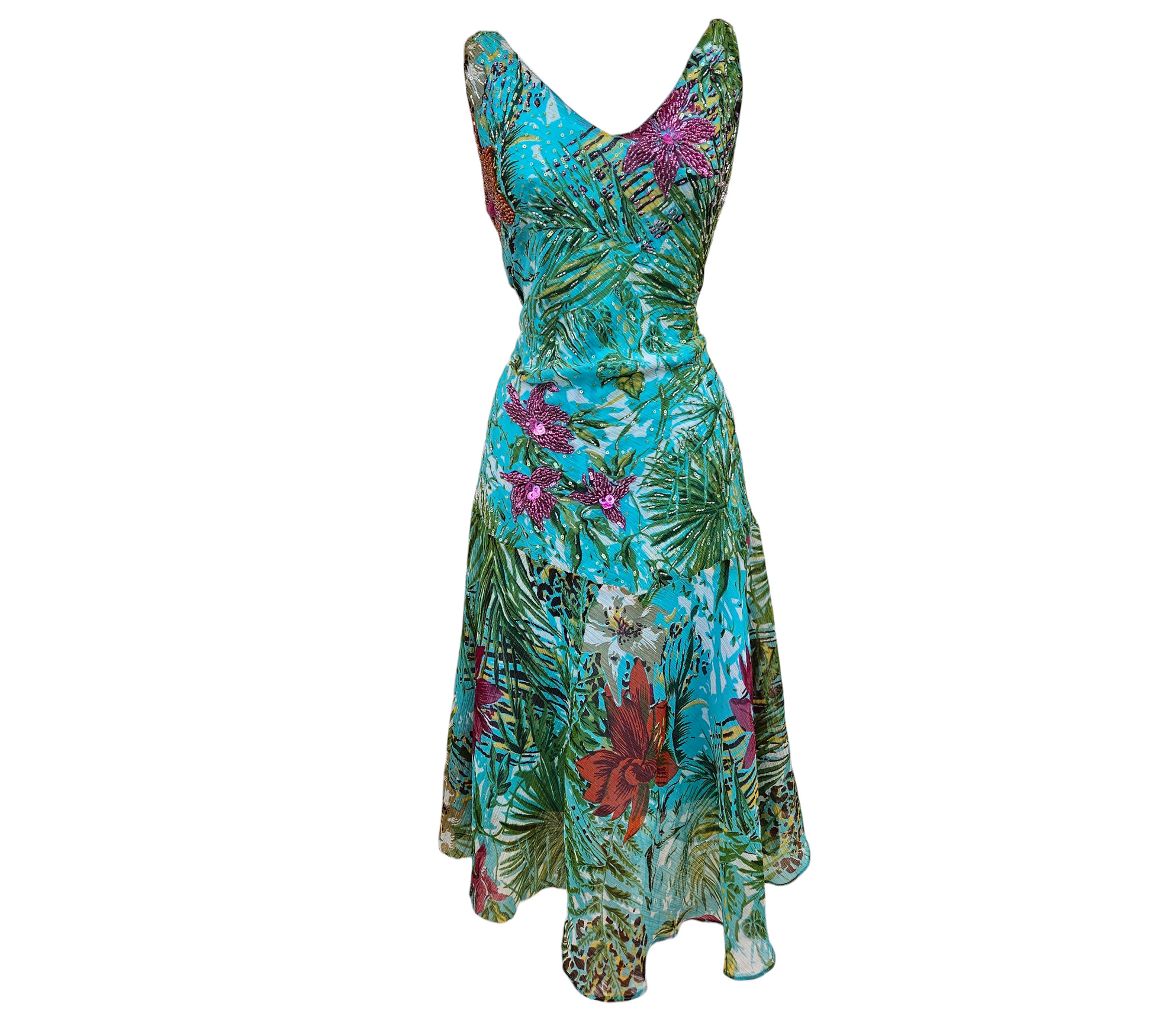 Turquoise vintage tropical print midi dress with draped V neckline, embroidered pink sequin flowers and asymmetrical hem, dreamy y2k summer vibe, by Lucid Dream 2007
