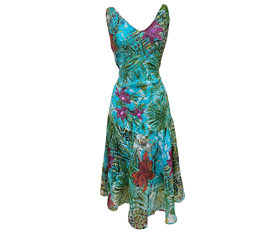 Turquoise vintage tropical print midi dress with draped V neckline, embroidered pink sequin flowers and asymmetrical hem, dreamy y2k summer vibe, by Lucid Dream 2007