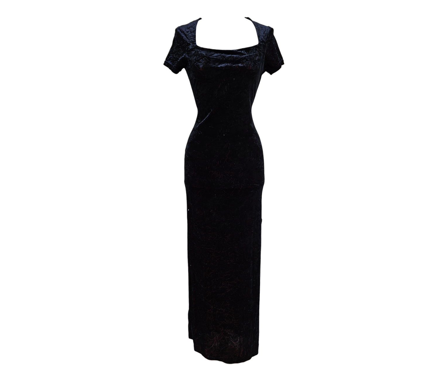 Black velvet maxi dress with square neckline and red panel detail, short sleeves, fitted silhouette, vintage gothic vibe by Lucid Dream 2007