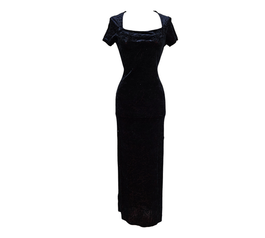 Black velvet maxi dress with square neckline and red panel detail, short sleeves, fitted silhouette, vintage gothic vibe by Lucid Dream 2007