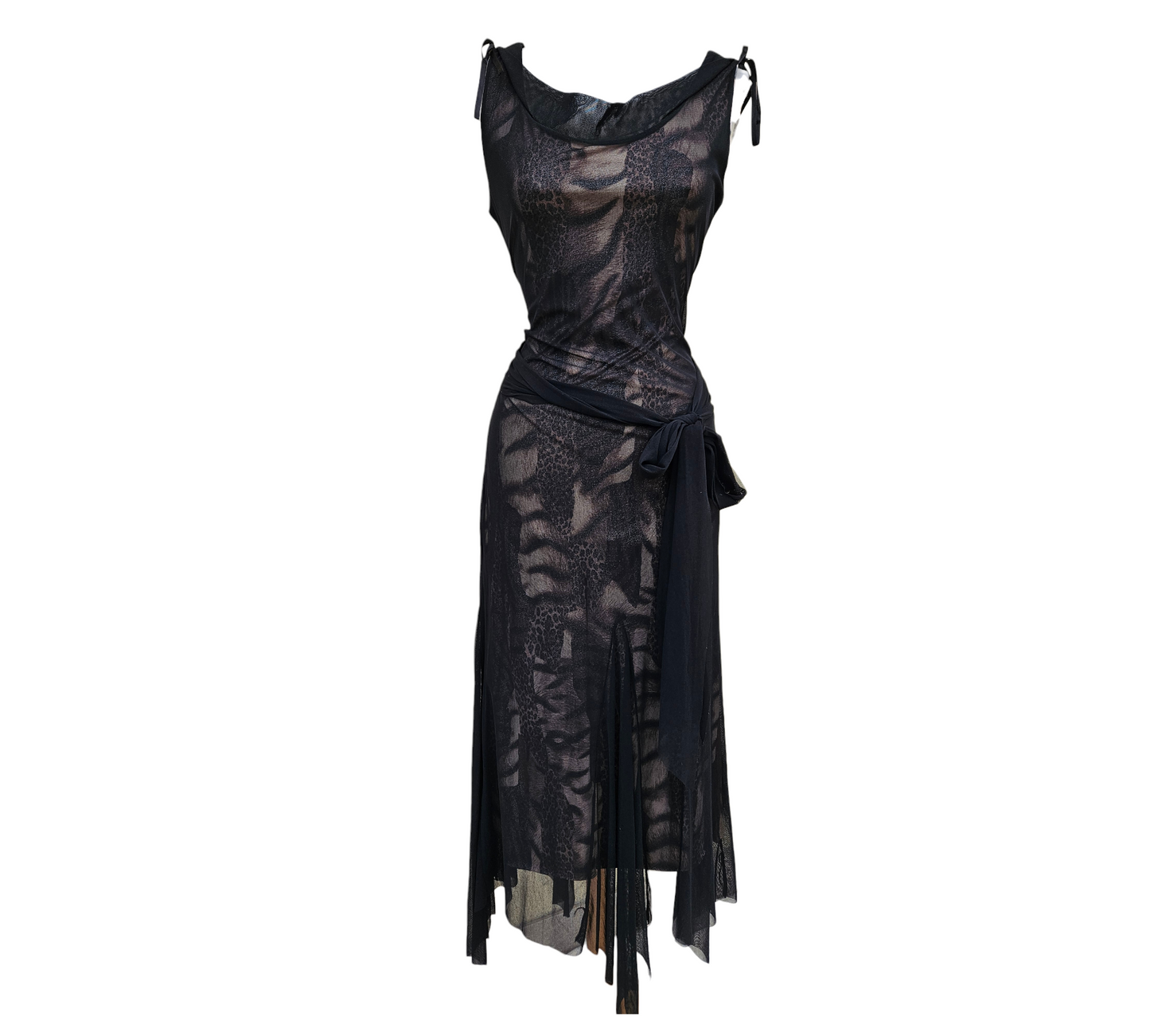 Vintage Y2K sheer black mesh midi dress with abstract print and tie waist, gothic fairycore whimsigoth layered dress by Lucid Dream 2007