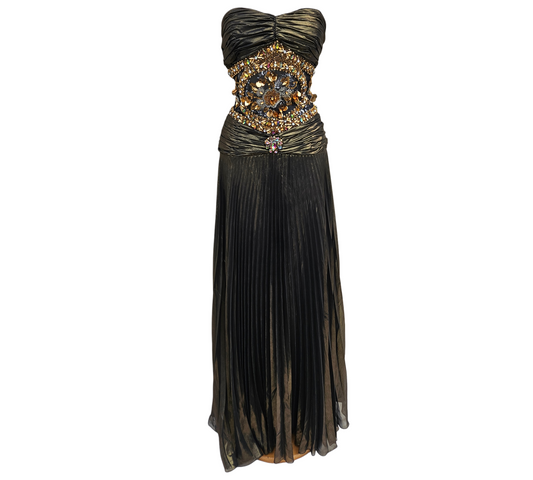 Black and bronze strapless maxi dress with jeweled corset bodice, sequins and rhinestones, dreamy Y2K glam goddess vibes, vintage evening statement piece.