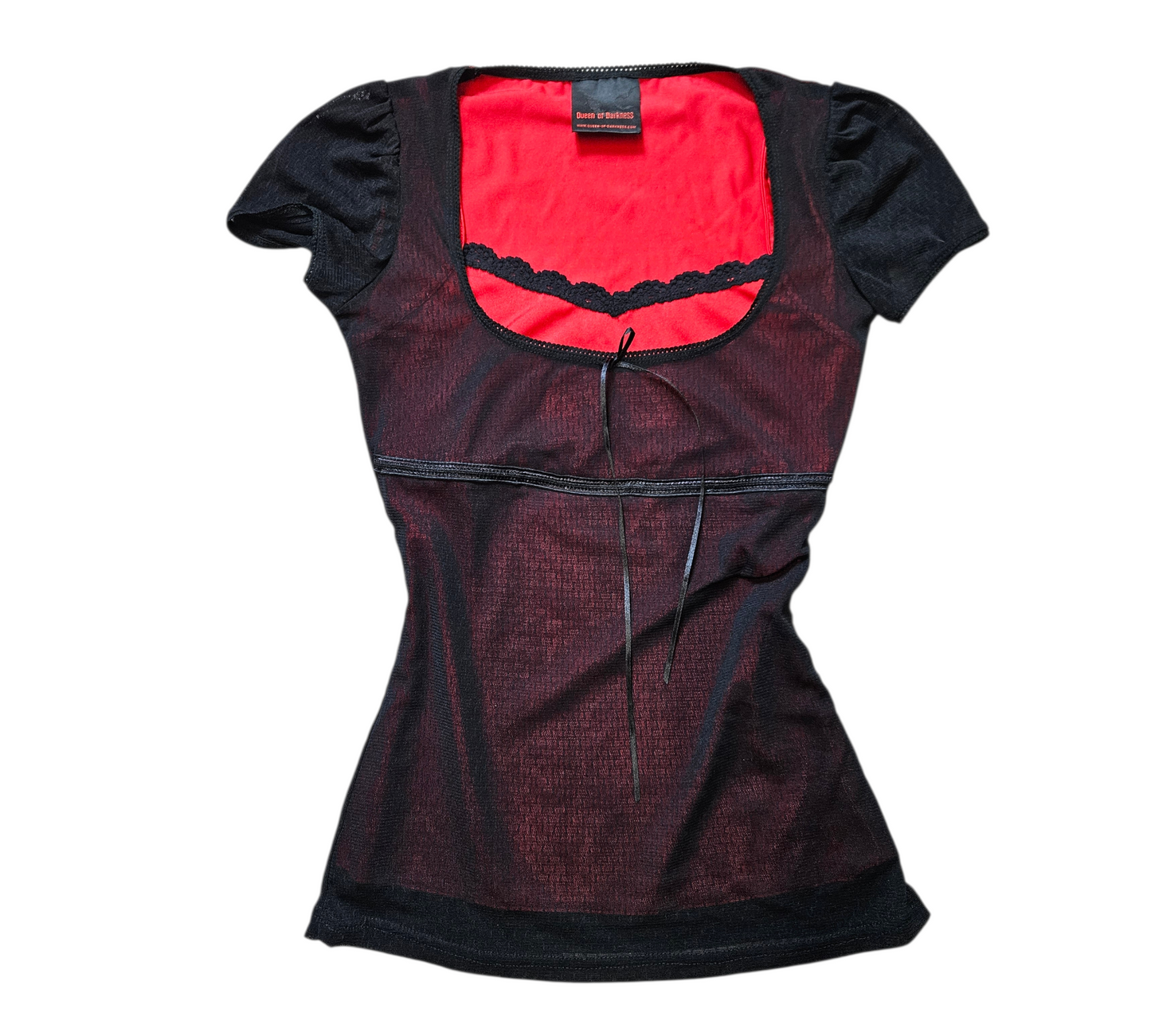 Vintage Y2K sheer black top with red underlayer and lace trim, gothic fairycore whimsigoth fitted top by Lucid Dream 2007