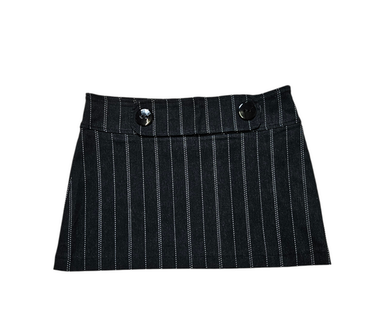 Vintage black pinstripe mini skirt with low-rise waist and decorative buttons, tailored Y2K officecore style by Lucid Dream 2007