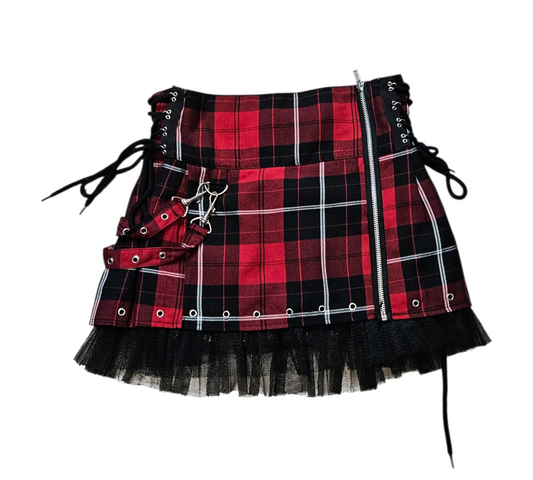 Vintage Y2K red tartan mini skirt with front zipper, metal rings and sheer tulle hem, punk fairycore plaid skirt by Lucid Dream 2007
