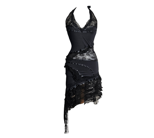 Vintage black silk blend halter dress with lace panels and asymmetrical ruffled hem, dark fairycore and romantic whimsigoth Y2K aesthetic.