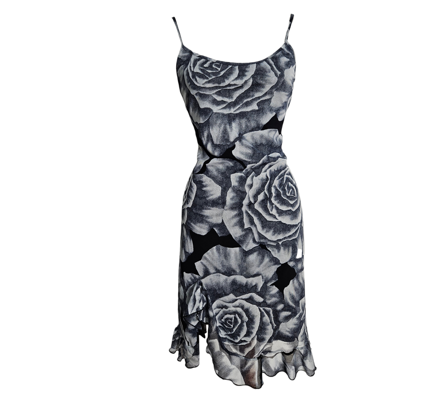Black and grey rose print mesh midi dress with thin straps and ruffled hem, dreamy Y2K romantic goth vibes, whimsigoth fairycore statement piece.
