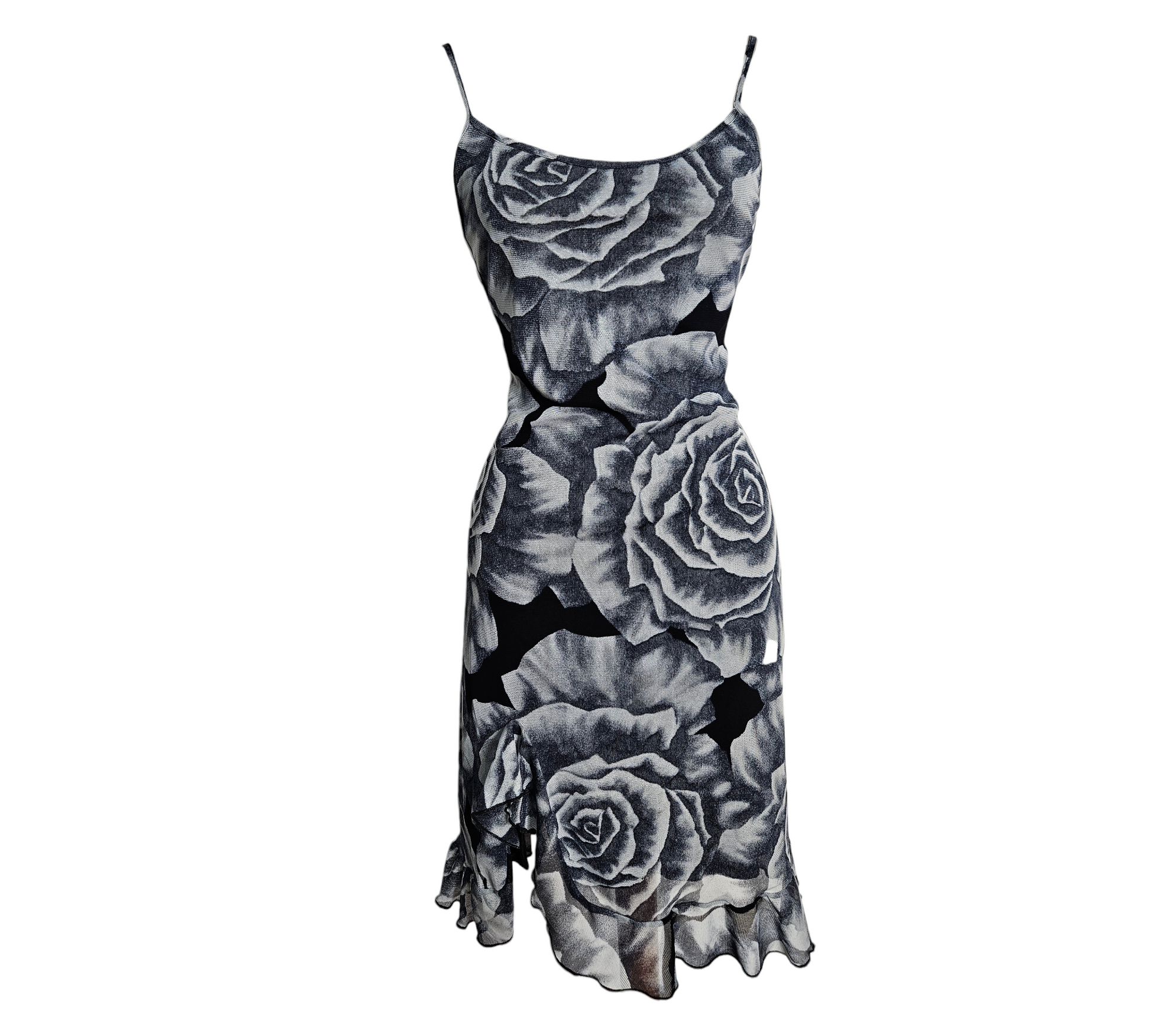 Black and grey rose print mesh midi dress with thin straps and ruffled hem, dreamy Y2K romantic goth vibes, whimsigoth fairycore statement piece.