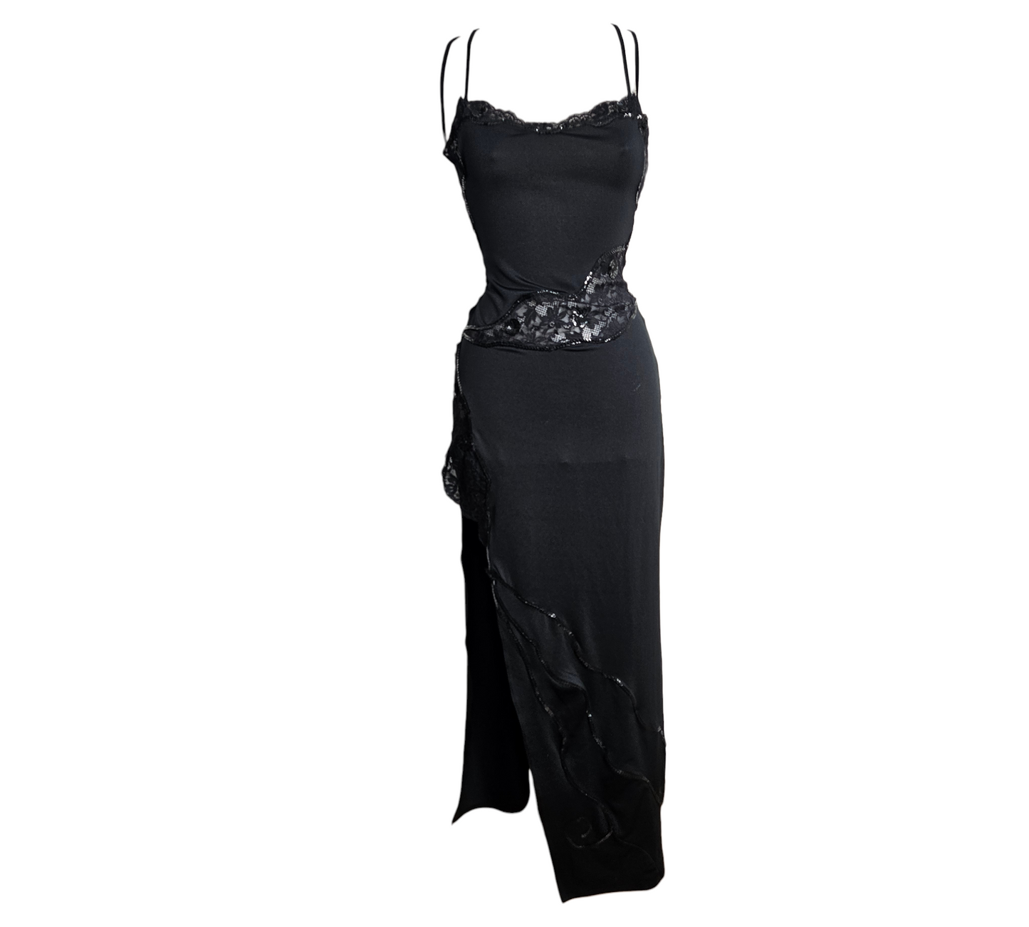 Vintage black lace and slip-style long dress with open back and strappy details, sensual Y2K fairycore and dark whimsigoth aesthetic.