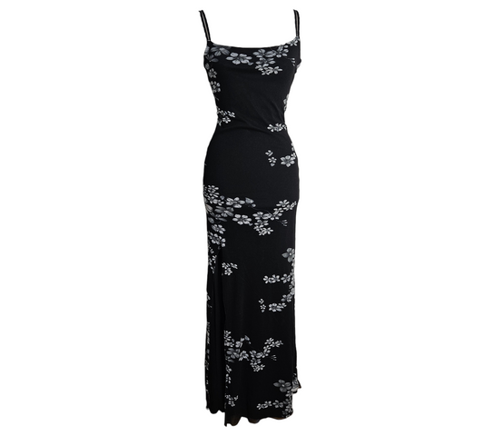 Black floral maxi dress with double spaghetti straps and side slit, sleek Y2K evening silhouette, romantic goth and whimsigoth vibes, vintage-inspired.