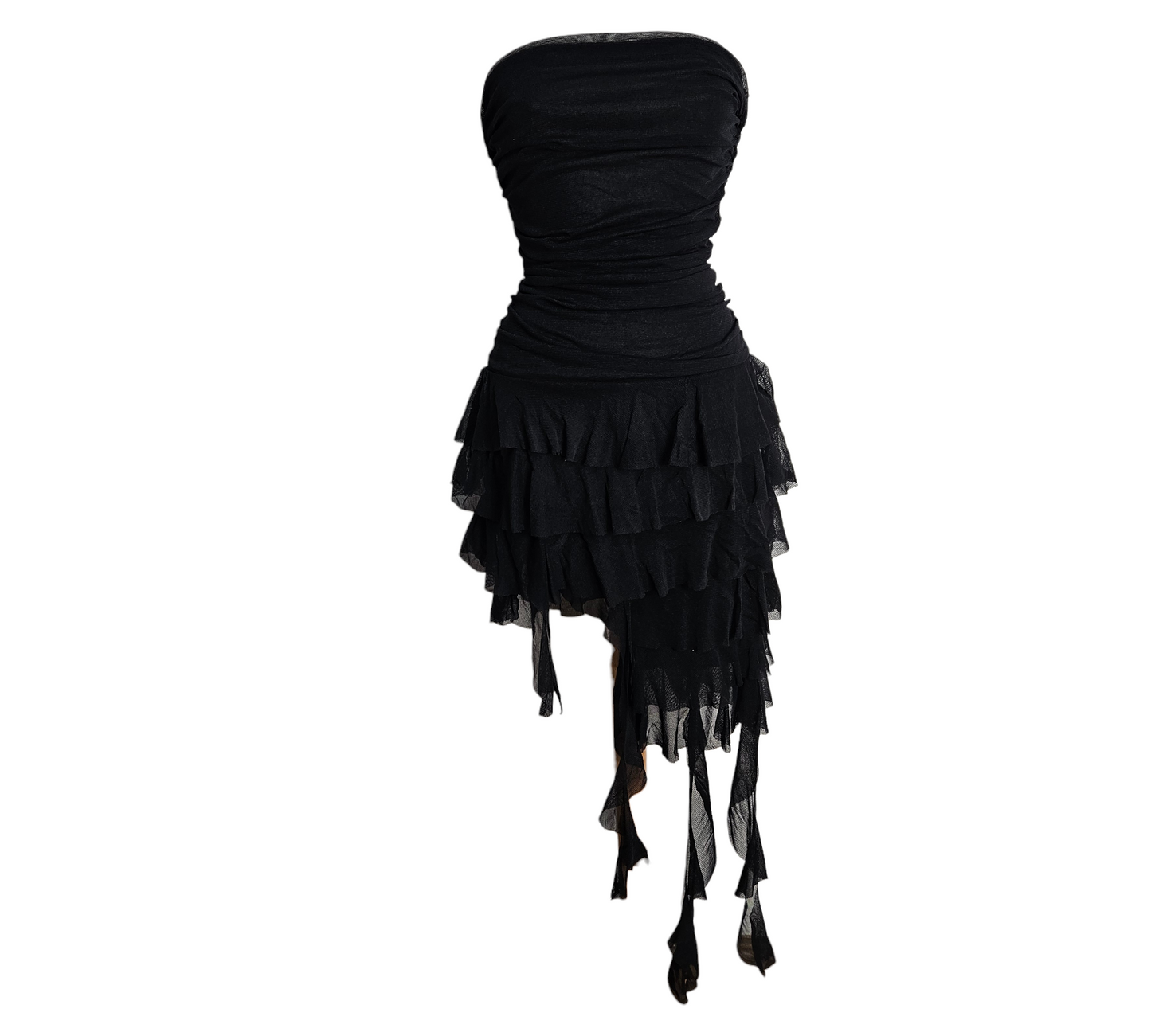 Vintage black strapless mini dress with layered sheer tulle ruffles and asymmetrical hem, dark Y2K fairycore silhouette by Lucid Dream 2007