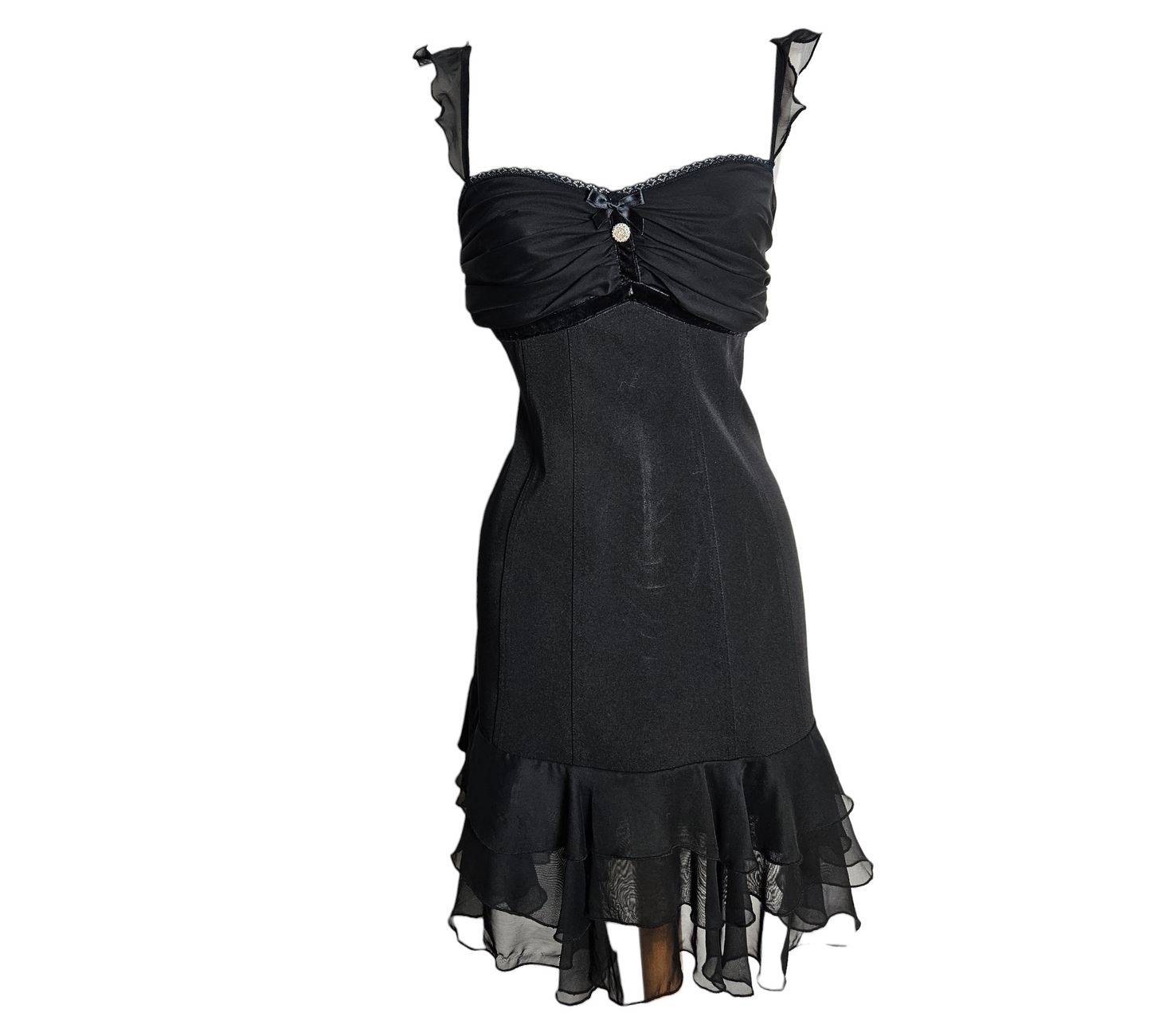 Vintage black mini dress with draped bustier and sheer ruffled hem, elegant Y2K fairycore and dark whimsigoth aesthetic.