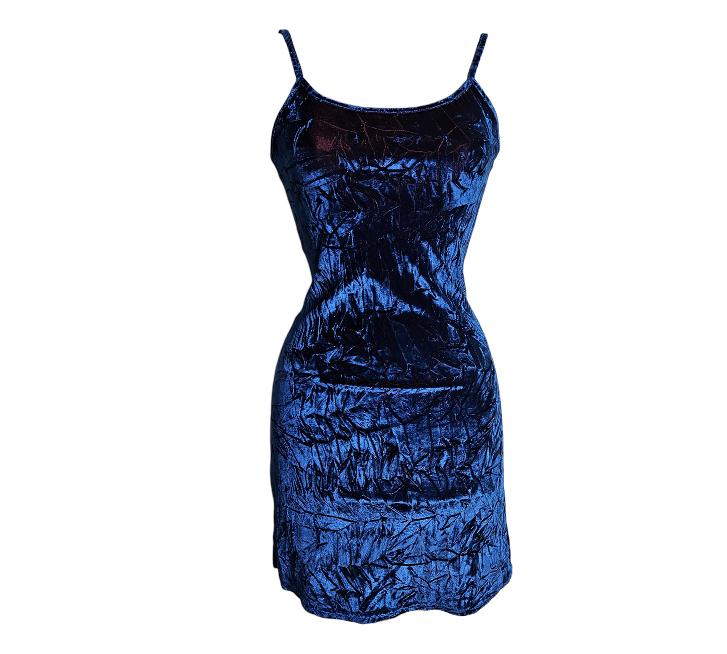 Blue crushed velvet mini dress with thin straps and fitted silhouette, Y2K night-out vibe, vintage statement piece by Lucid Dream 2007