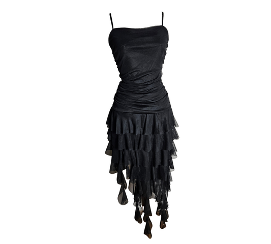 Black ruched spaghetti strap dress with layered ruffle hem, sheer flowy texture, dreamy Y2K night-out vibes, whimsigoth fairycore elegance.