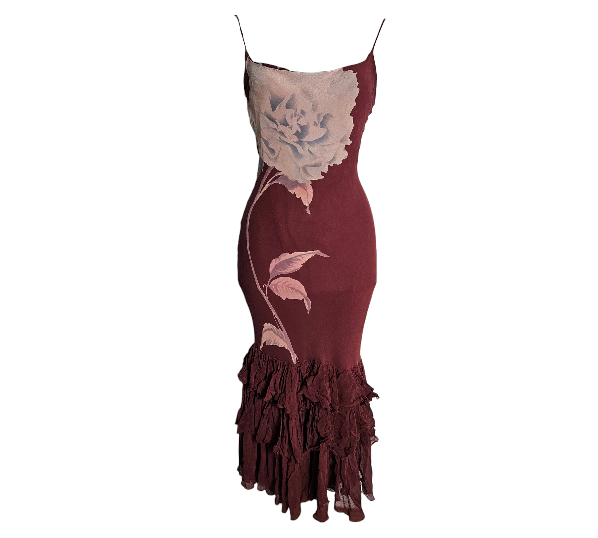 A romantic Y2K-style burgundy maxi dress with a large vintage rose print on the front. It features delicate spaghetti straps, a deep open back, and a dramatic tiered ruffle hem for a pure fairycore reverie.