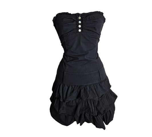 Black strapless ruffle mini dress with pearl buttons and fitted corset-style top, cute Y2K party vibe, vintage unique piece by Lucid Dream 2007