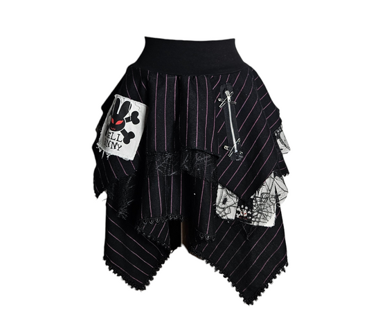 Vintage Hell Bunny asymmetric mini skirt with black and purple pinstripes, lace panels, punk gothic Y2K fairycore vibe by Lucid Dream 2007