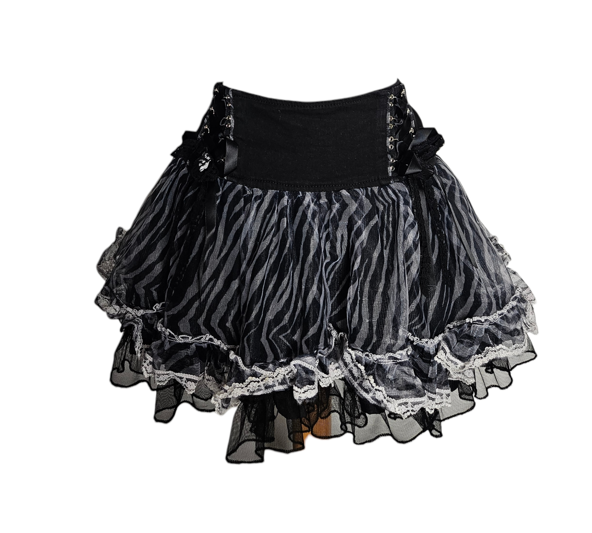 Black low-rise ruffled mini skirt with layered tulle, lace trim and gothic y2k vibes, vintage statement piece by Lucid Dream 2007