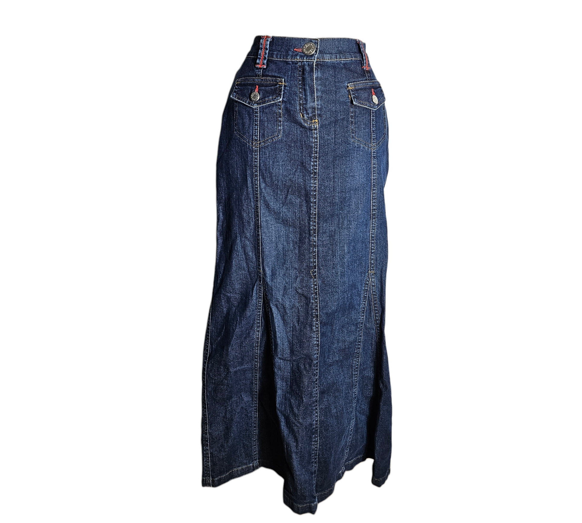 Vintage long denim skirt with high waist and front slit, classic blue jean fabric with subtle stretch, flattering Y2K silhouette.