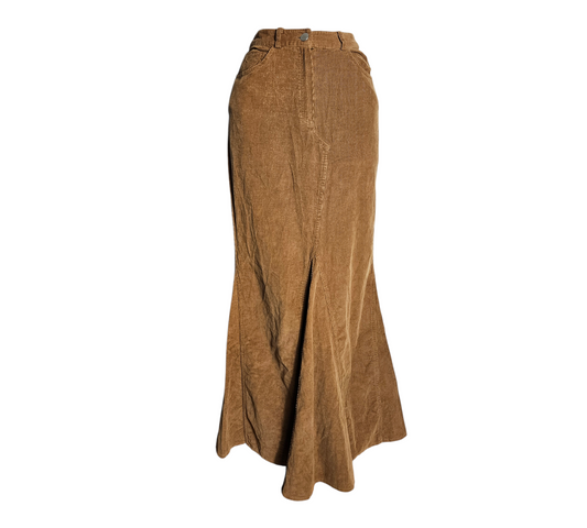 Vintage brown corduroy maxi skirt with flared hem and front slit, soft textured fabric, timeless 90s earthy aesthetic, unique statement piece.